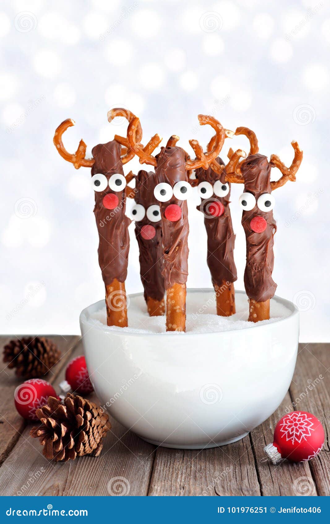 Christmas Reindeer Pretzel Rods with Silver Light Background Stock ...