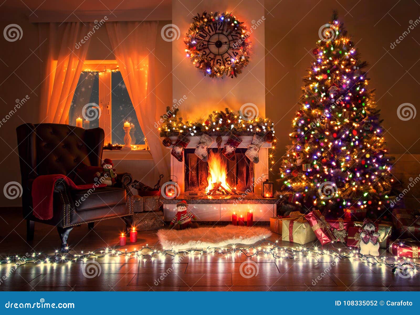 beautiful decorated living room with a christmas tree and a fire place