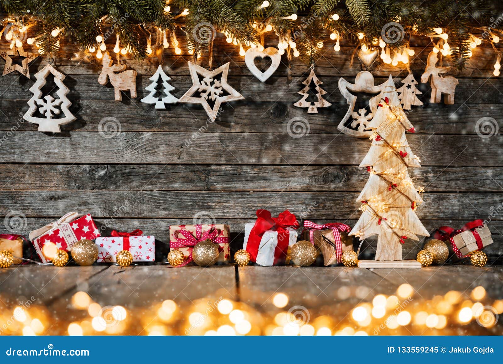 Christmas Rustic Background with Wooden Decoration Stock Image - Image ...