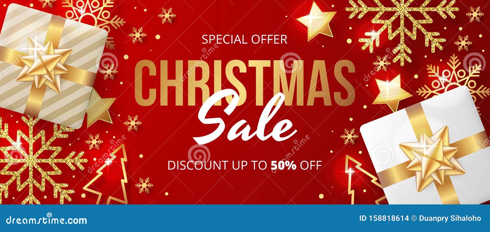 christmas sale banner with christmas s on red background.