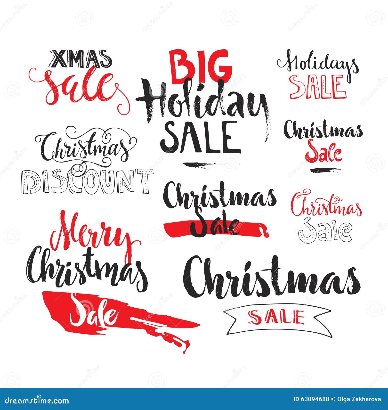 Christmas sale. Collection of holiday sale and chrisrmas dicsount signs. Handdrawn lettering. Vector graphic.