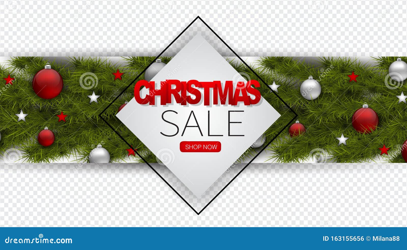 Christmas Sale Design Concept. Square Sign Over Green Branches of Fir Tree with Decoration 