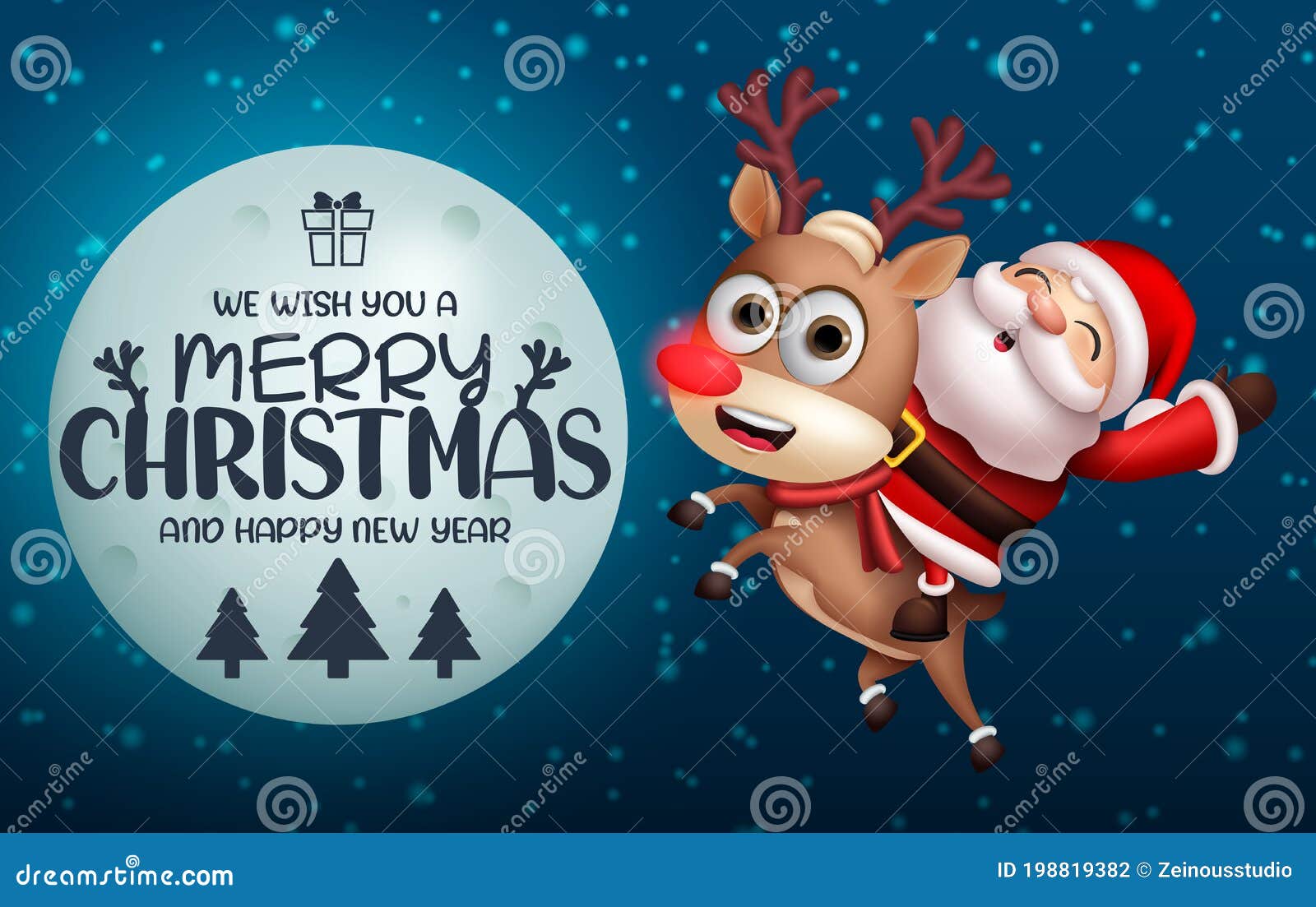 christmas santa claus  concept . merry christmas text in moon  with santa riding reindeer character in night.