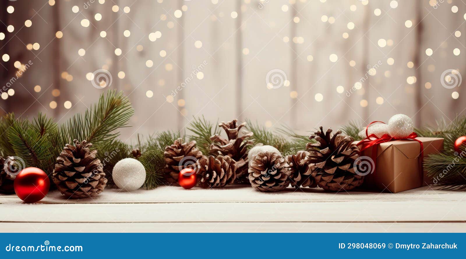 christmas scene with classic s like fir tree branches, gifts, and pine cones on a wooden white rustic background