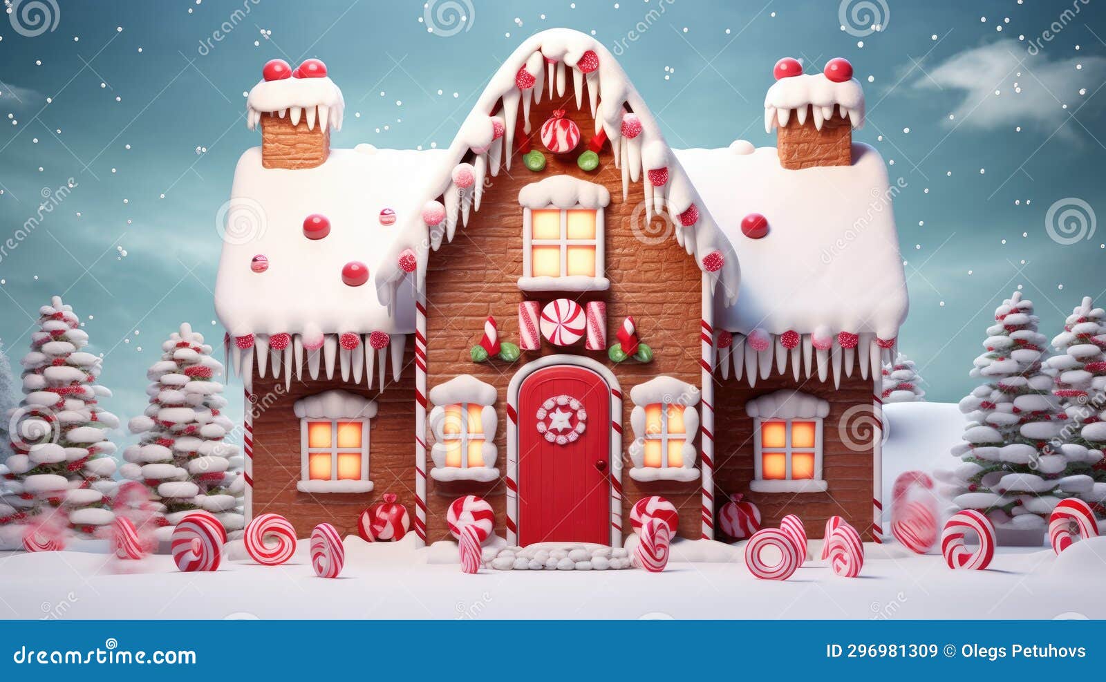 A Christmas Scene of a Gingerbread House with Candy Canes and Candy