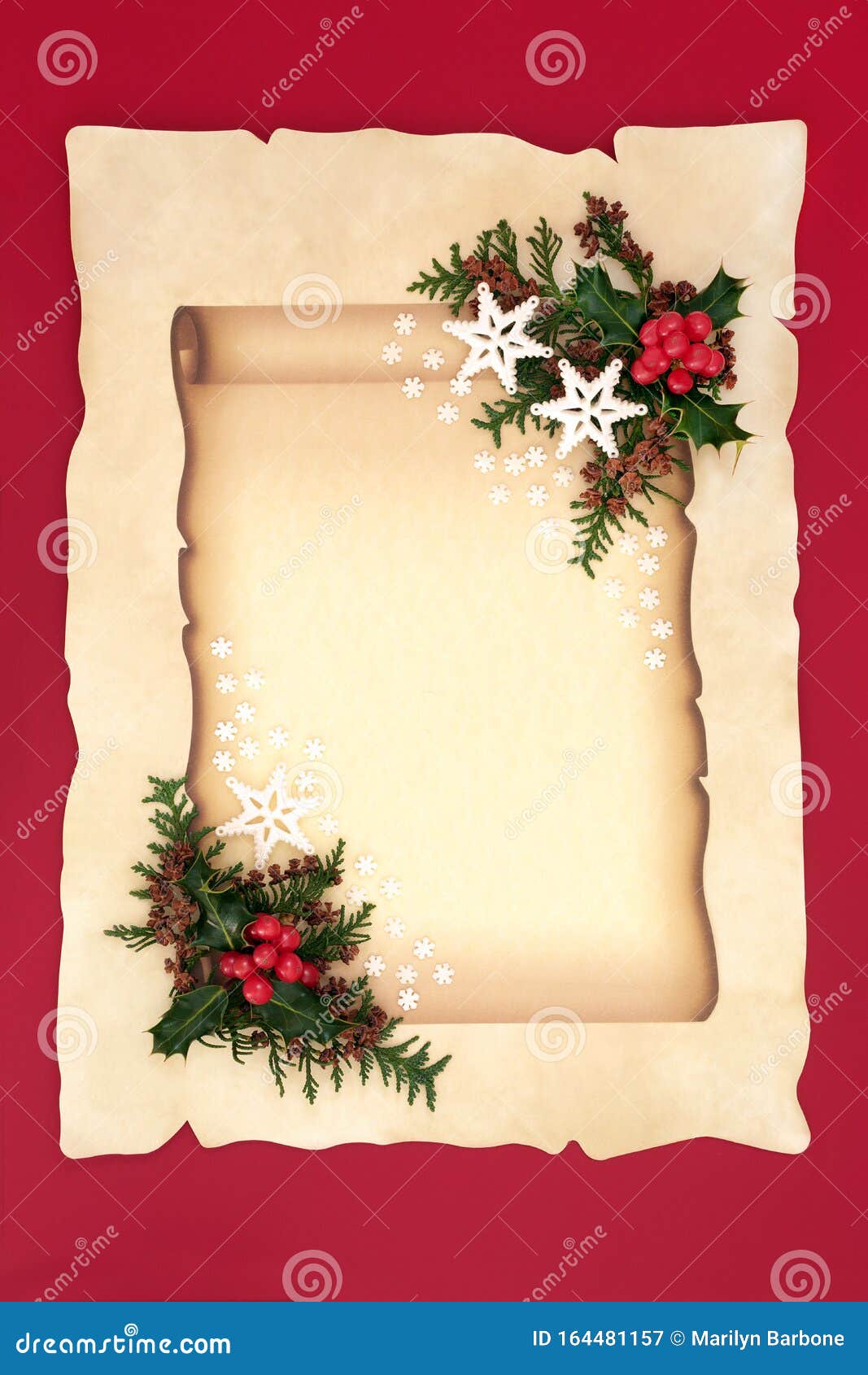 Christmas Scroll on Parchment Paper with Holly &amp; Cedar Stock Image