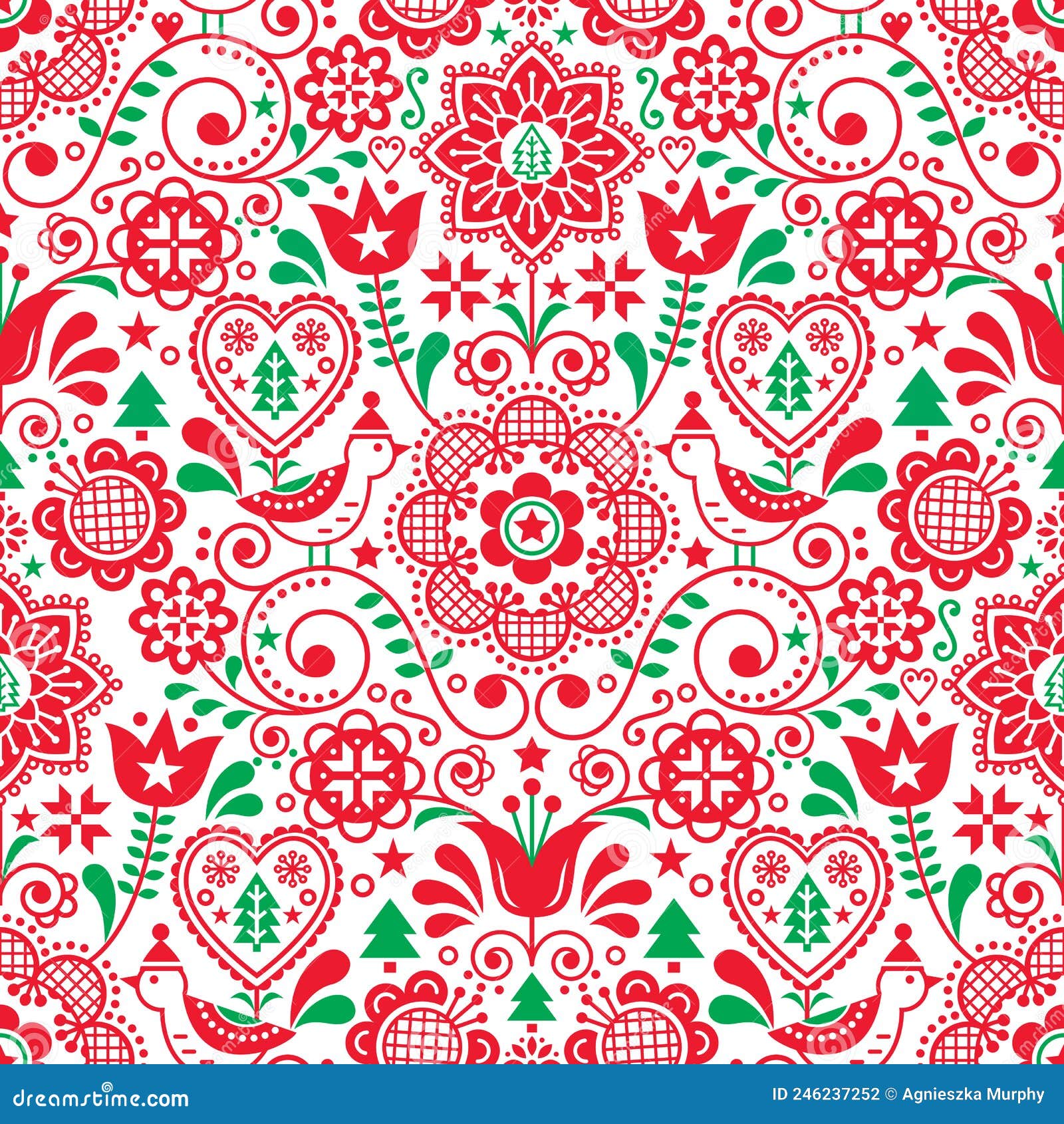 christmas seamless folk art  pattern with birds in winter hats, snowflakes, christmas trees and flowers, scandinavian festiv