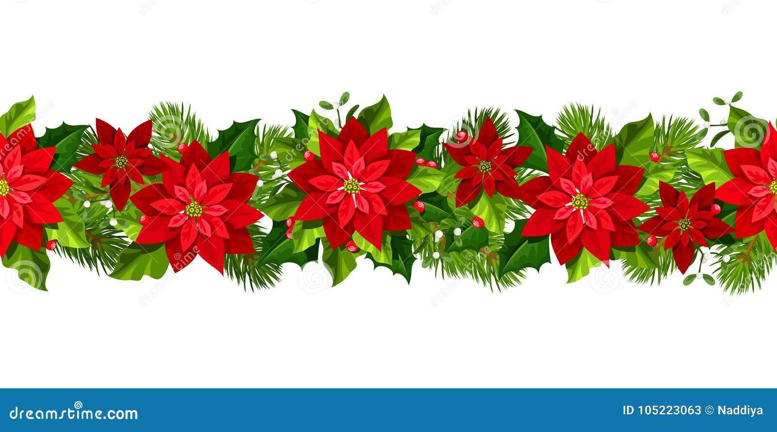 christmas seamless garland with red poinsettia flowers.  .