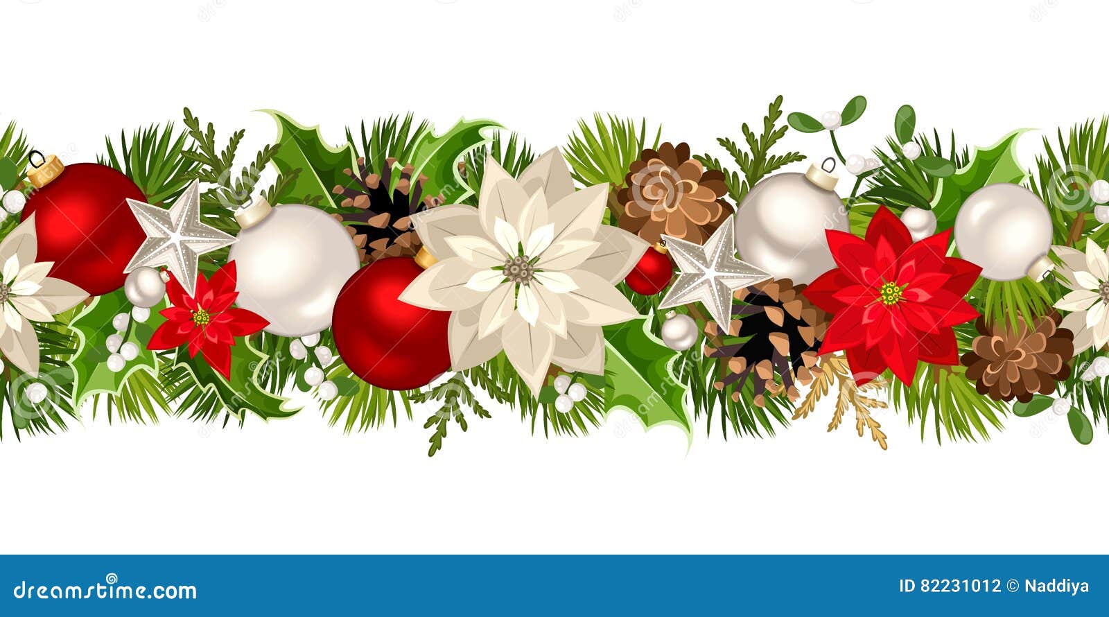 christmas seamless garland with red and white decorations.  .