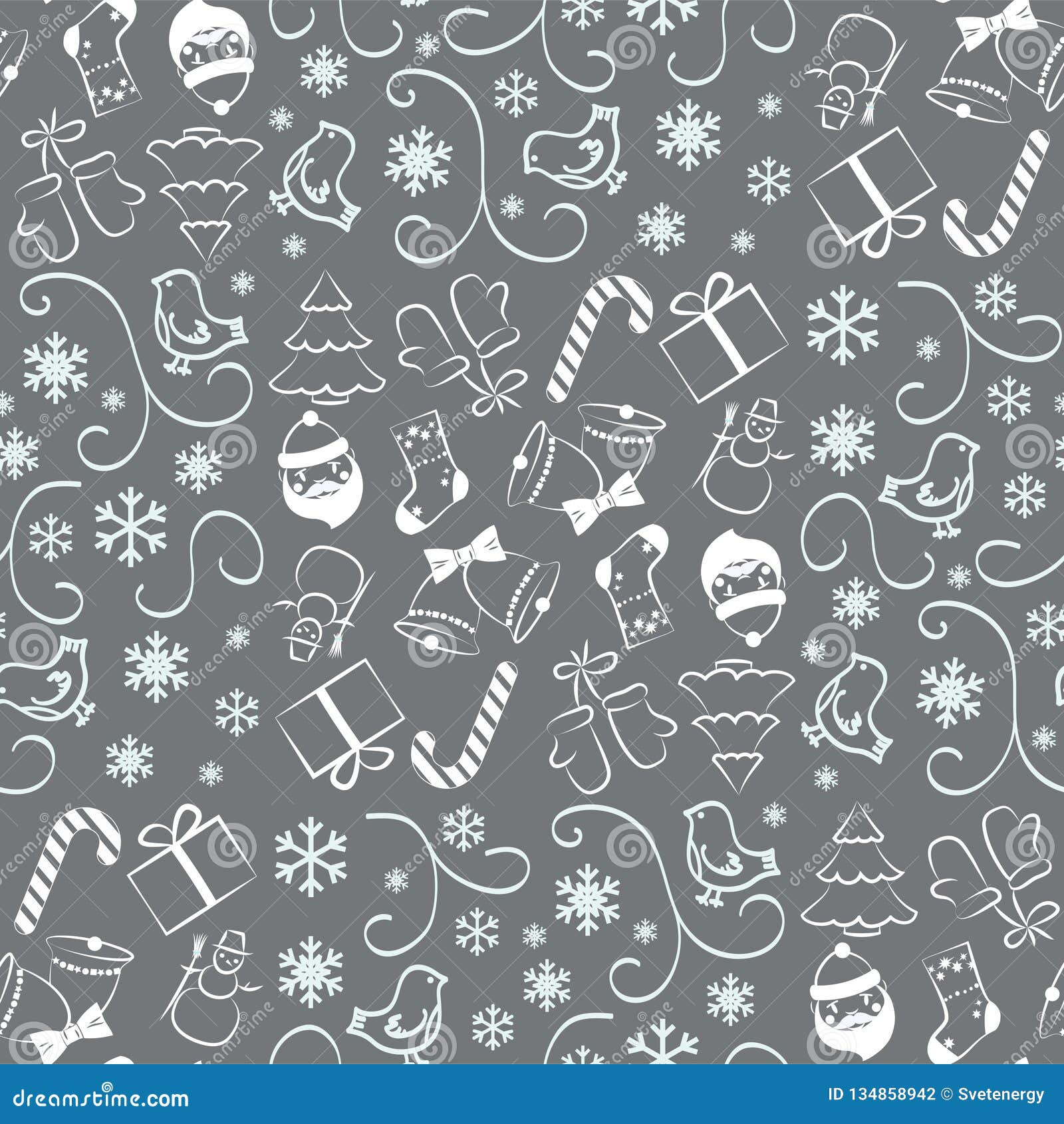 Christmas Seamless Pattern on Gray Background. Vector Illustration