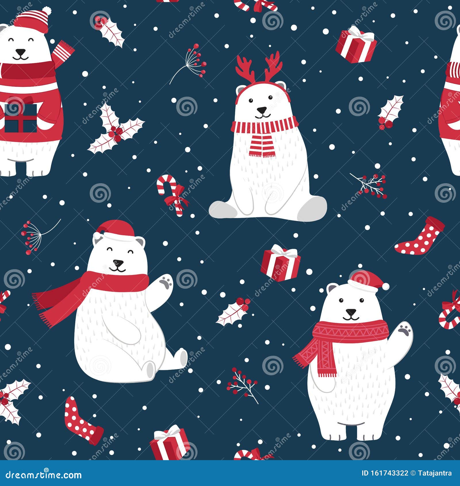 christmas seamless pattern with polar bear background, winter pattern with holly berry, wrapping paper, pattern fills