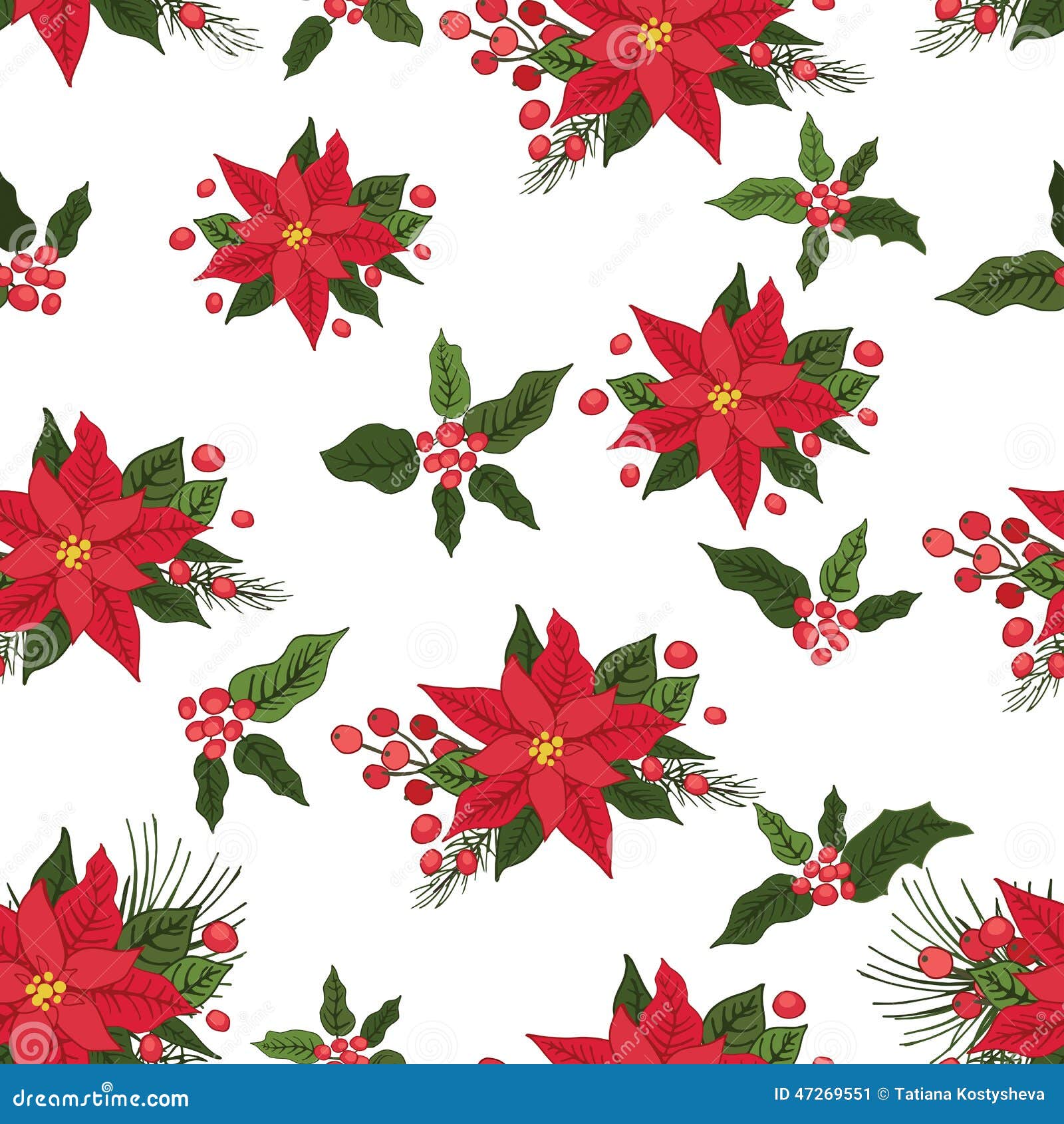 Christmas seamless pattern. Red poinsettia,holly,. Christmas seamless pattern,backdrop with poinsettia.Christmas,new year .Vector set