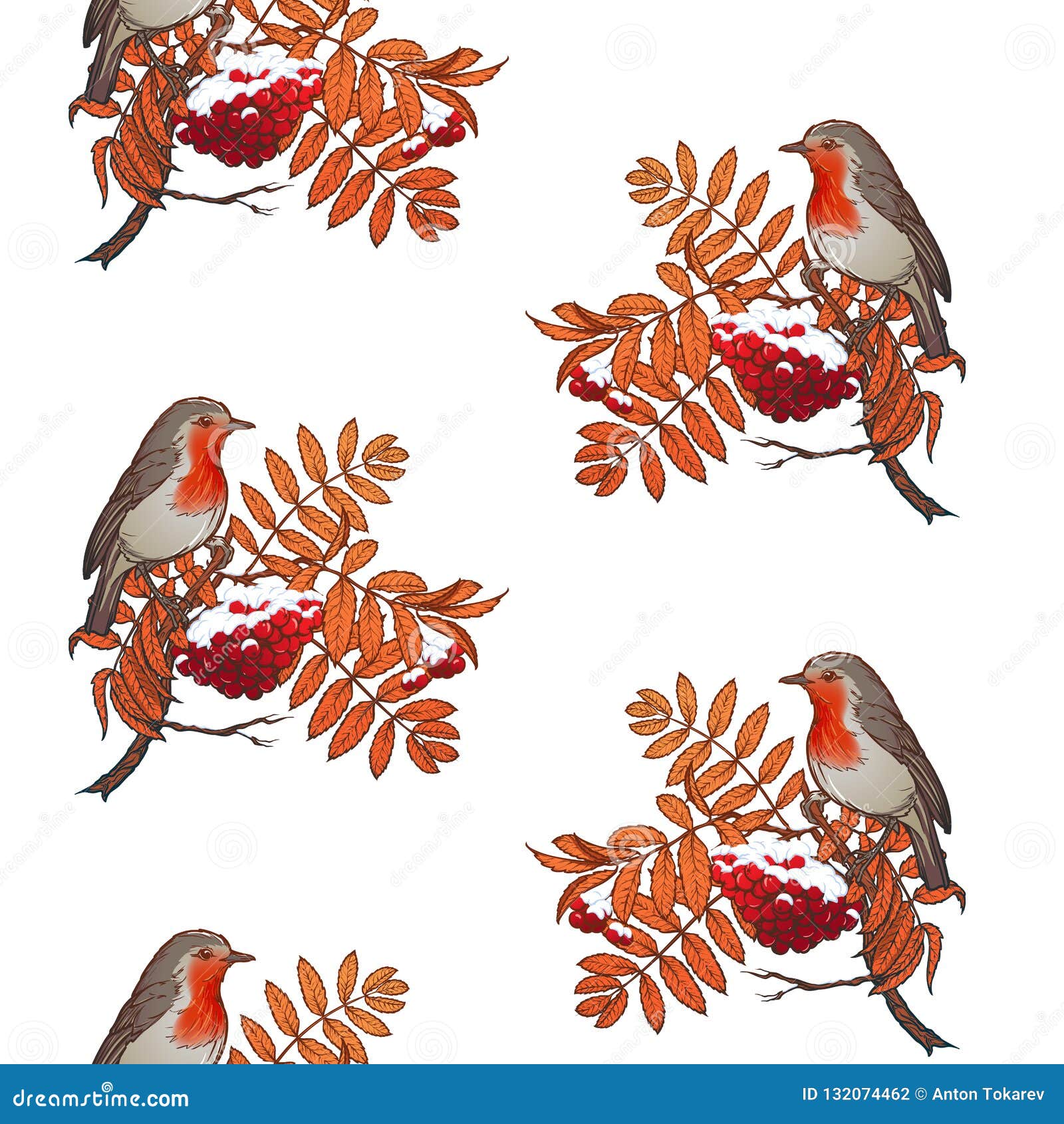 christmas seamless pattern. robin bird sitting on a snow covered rowanberry brunch