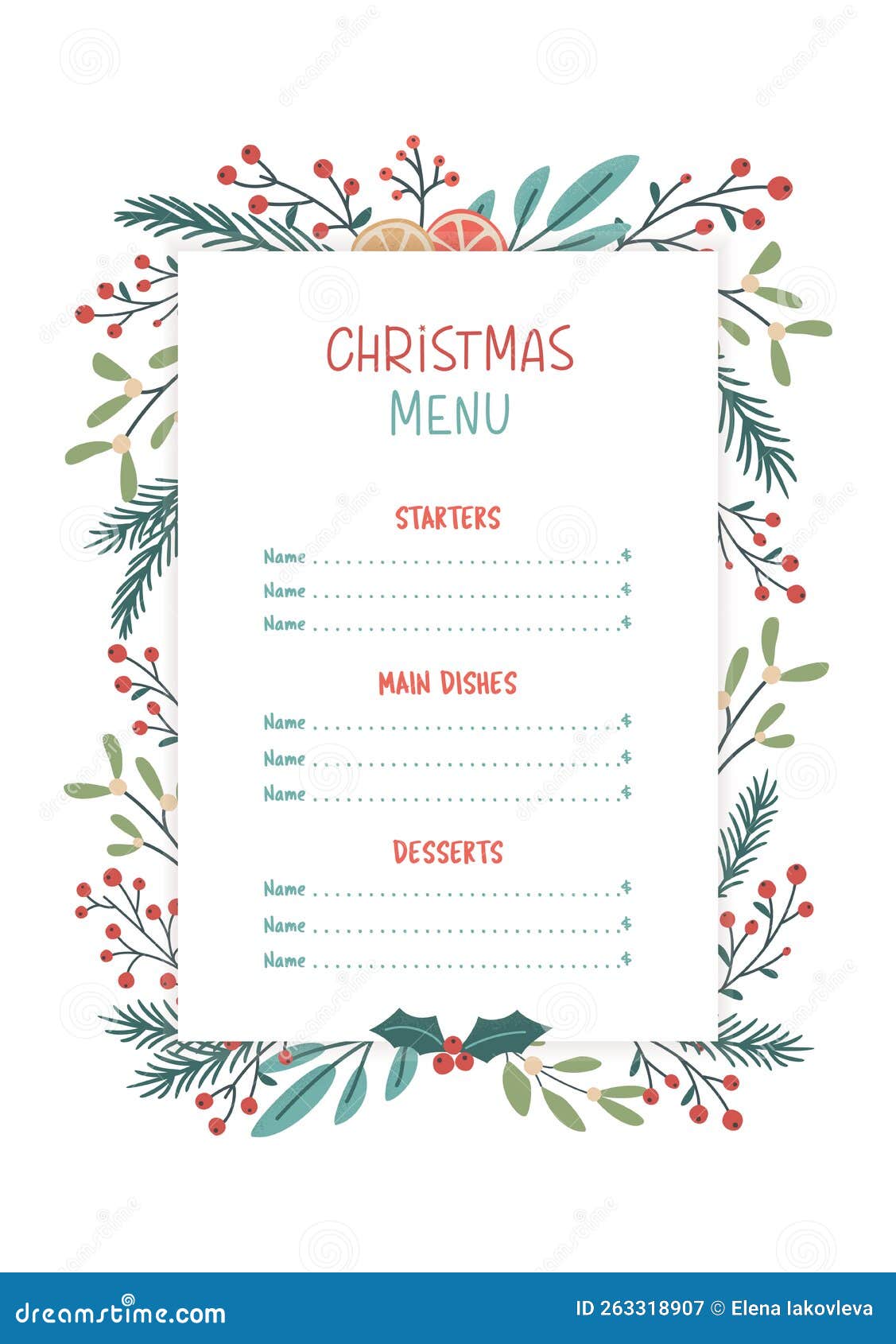 Christmas Seasonal Menu Template with Floral and Fir Branches. Vector