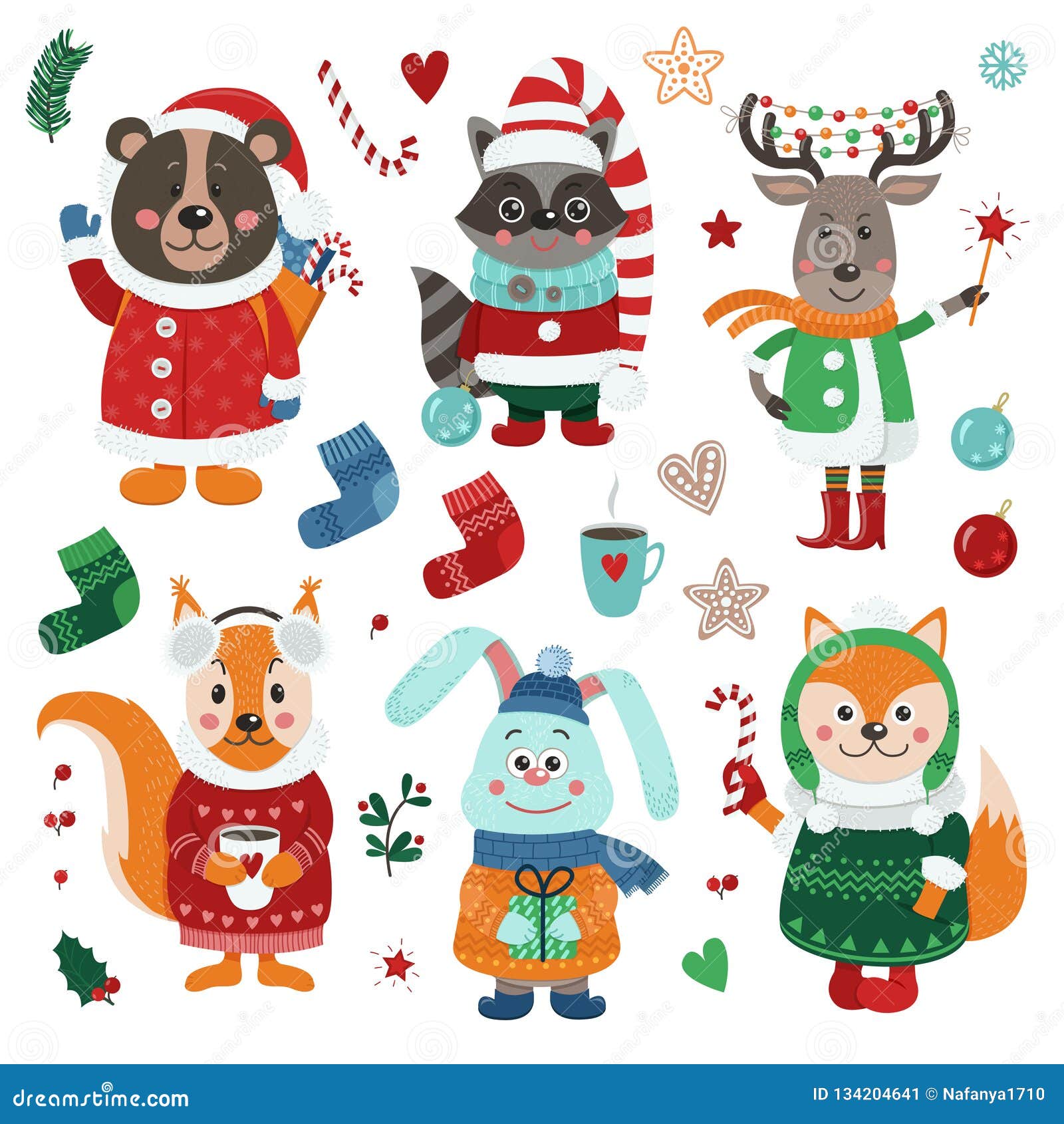 Christmas Set with Isolated Cute Forest Animals Dressed in Winter ...