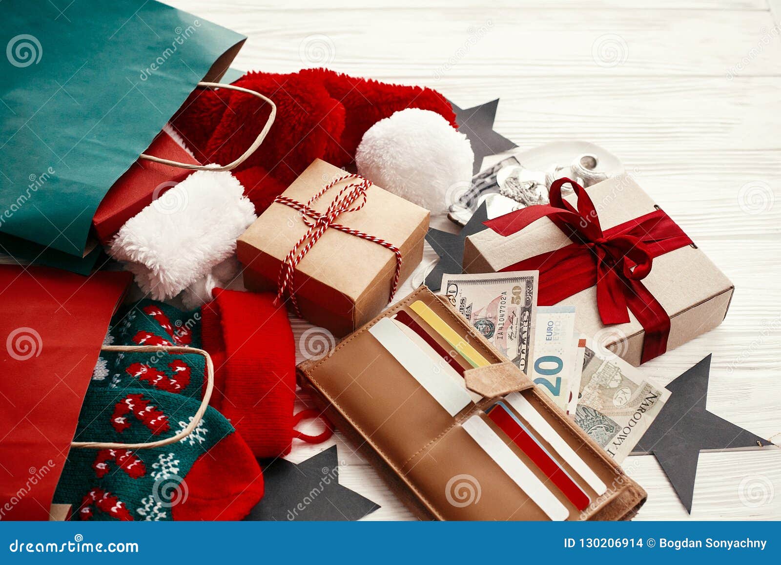 Christmas Shopping and Sales Concept. Credit Cards and Money in Stock ...