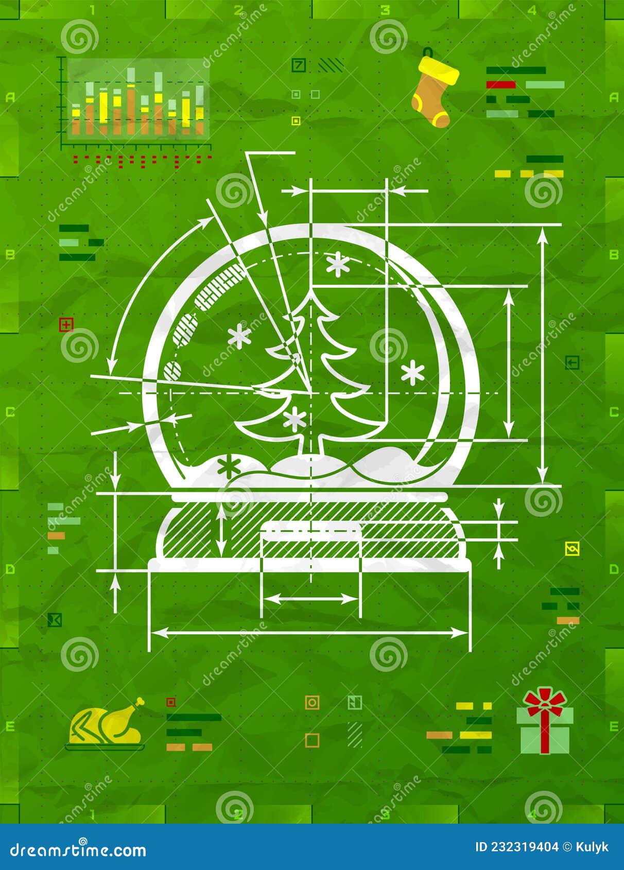 christmas snow globe as technical blueprint drawing