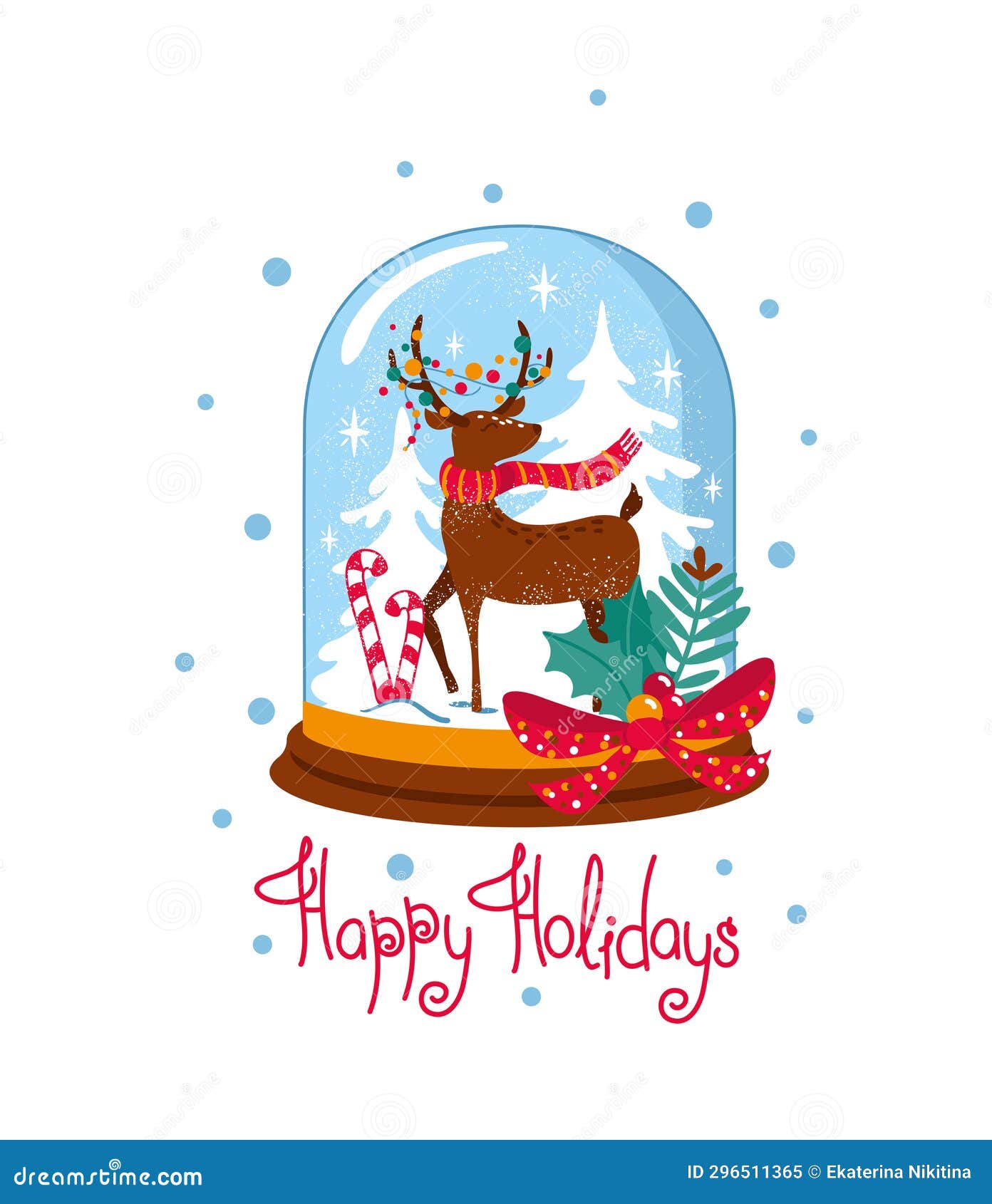 Christmas Snow Globe with Deer in Snowy Forest. Stock Illustration