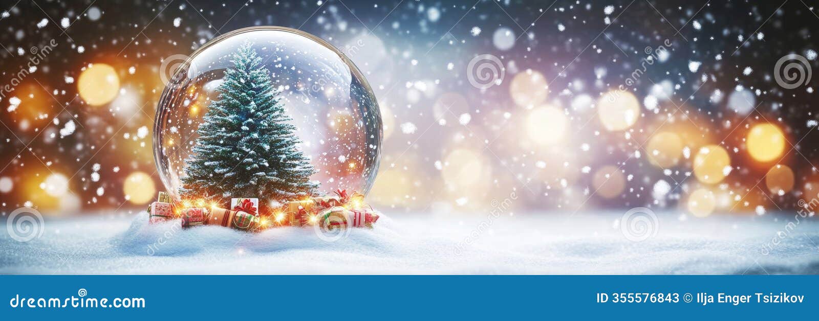 christmas snow globe, tree, presents, sparkling golden bokeh lights, snow falling background