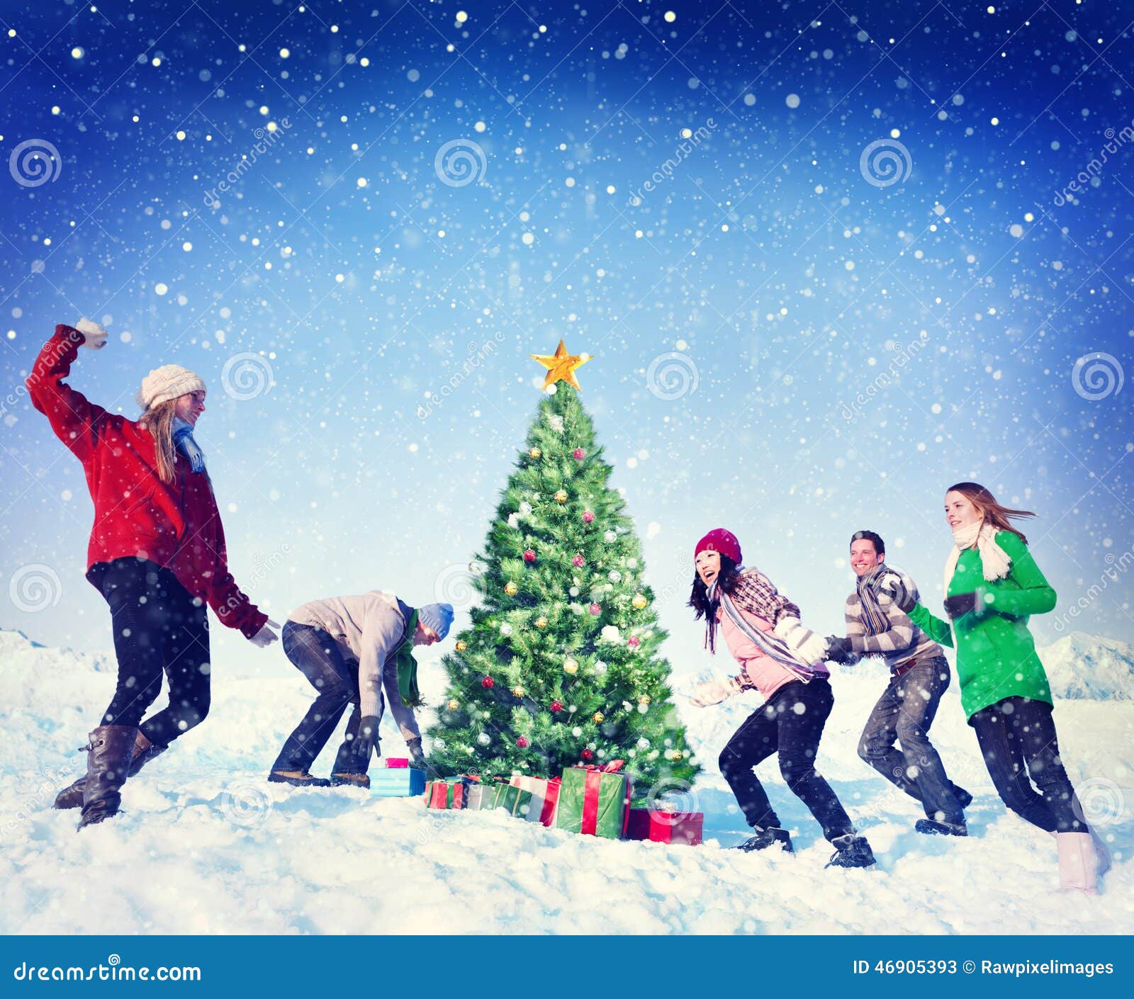 christmas snowball fight winter friends yuletide concept