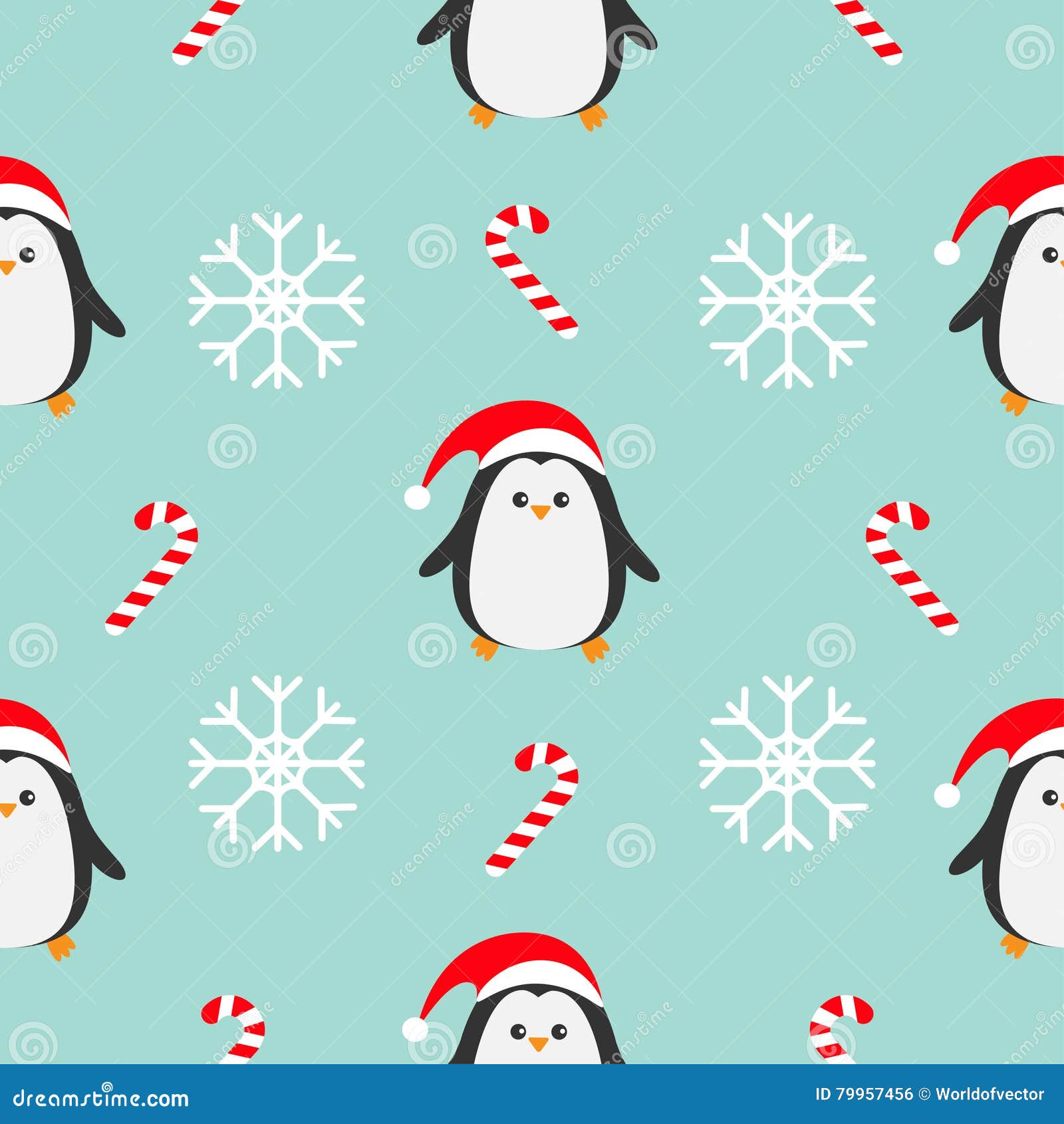 christmas snowflake candy cane, penguin wearing red santa hat, scarf. seamless pattern decoration. wrapping paper, textile