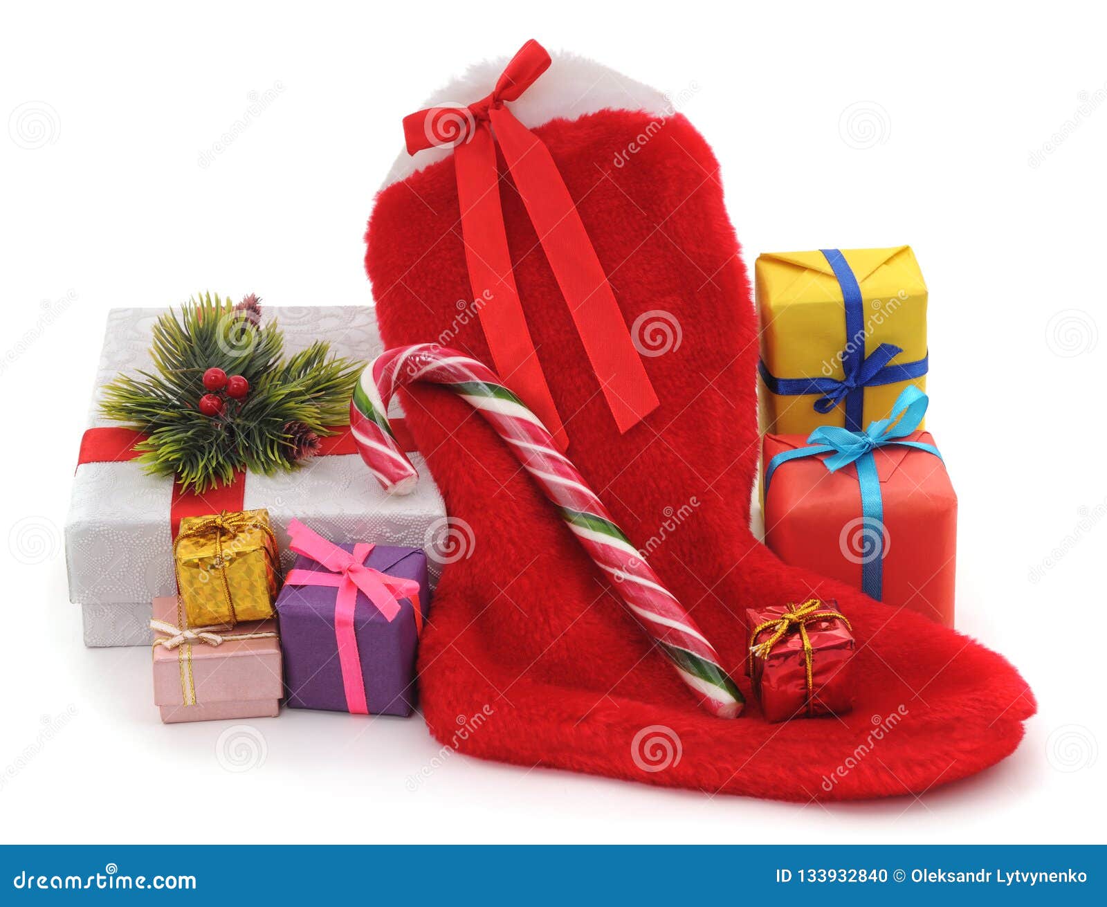 Christmas sock and gifts stock photo. Image of green - 133932840