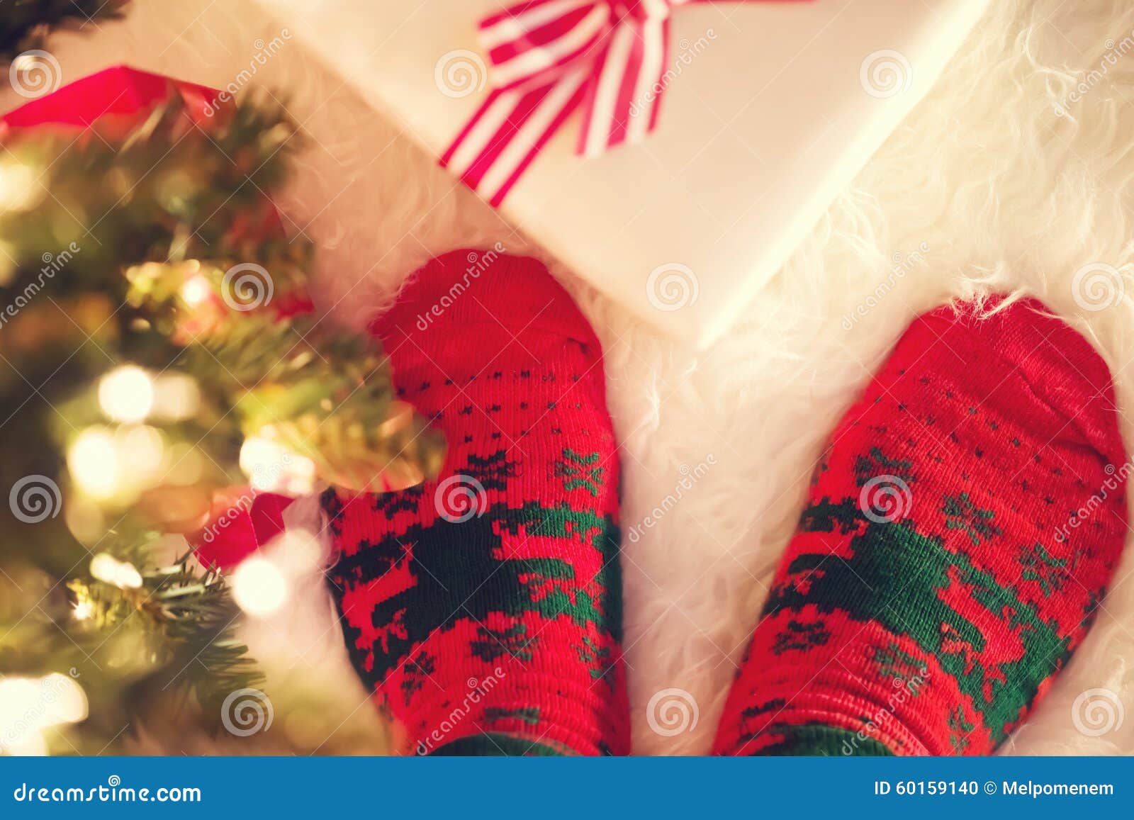 Christmas Socks and Gift Box on a White Carpet Stock Photo Image of