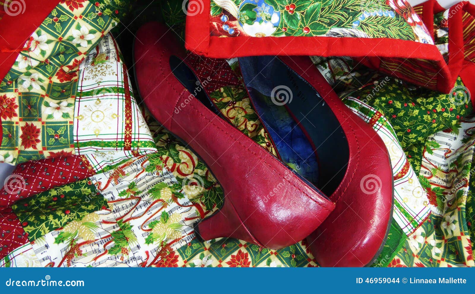 Red Pumps on Christmas Quilt Stock Photo Image of quilt, holiday