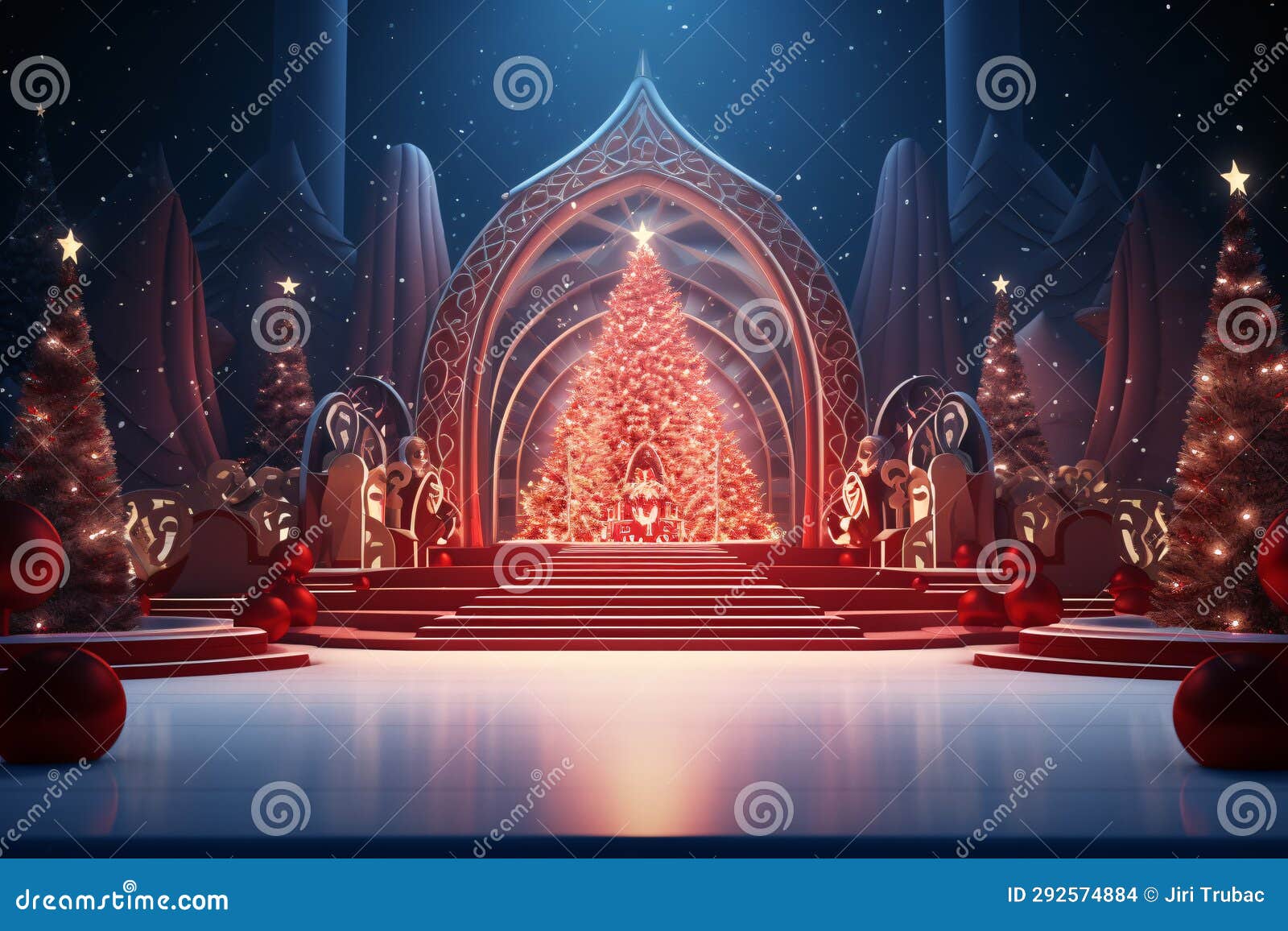 Christmas Stage with a Large Christmas Tree and the Illuminated Stage ...