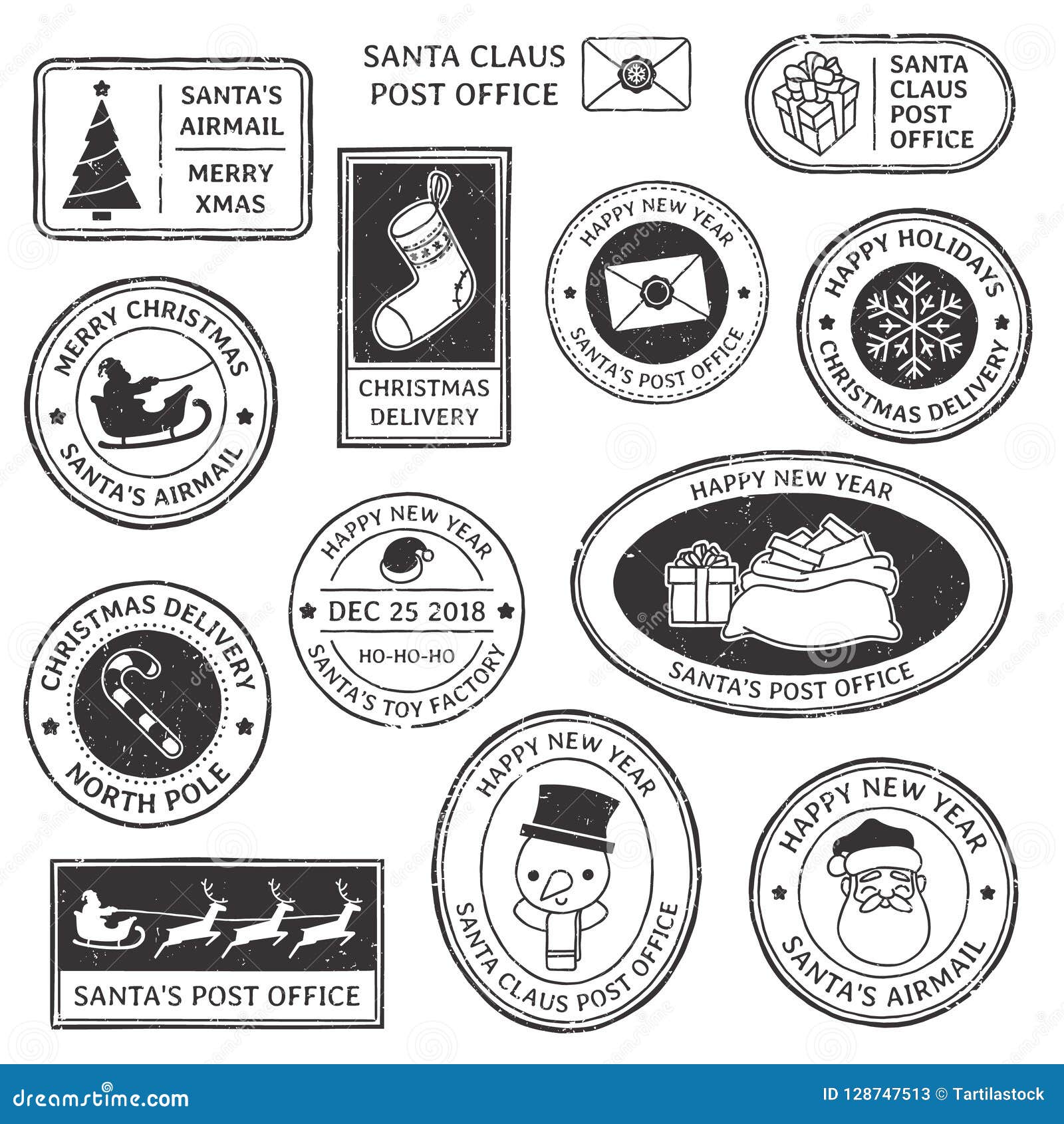 christmas stamp. vintage santa claus postmark, north pole mail cachet and snowflake  on stamps  