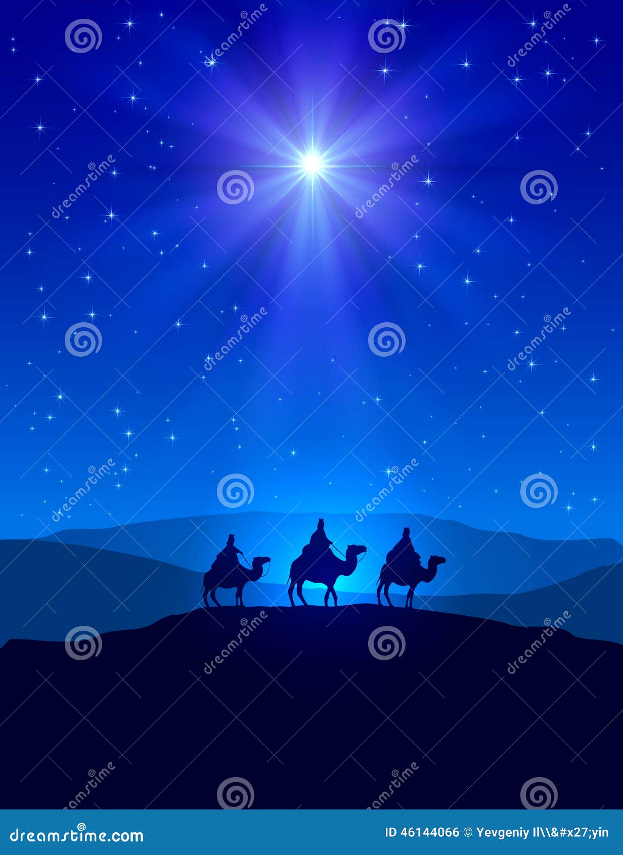 christmas star on blue sky and three wise men