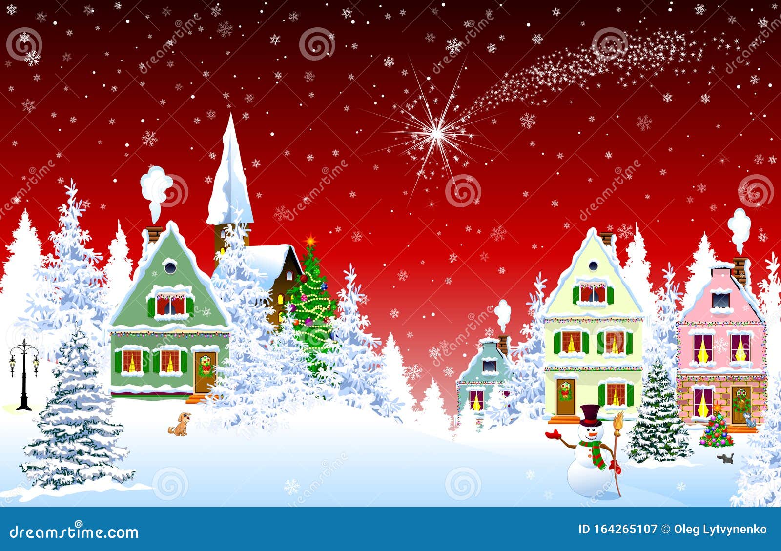 Download Christmas Star In The Sky Over Houses On Red Stock Vector ...