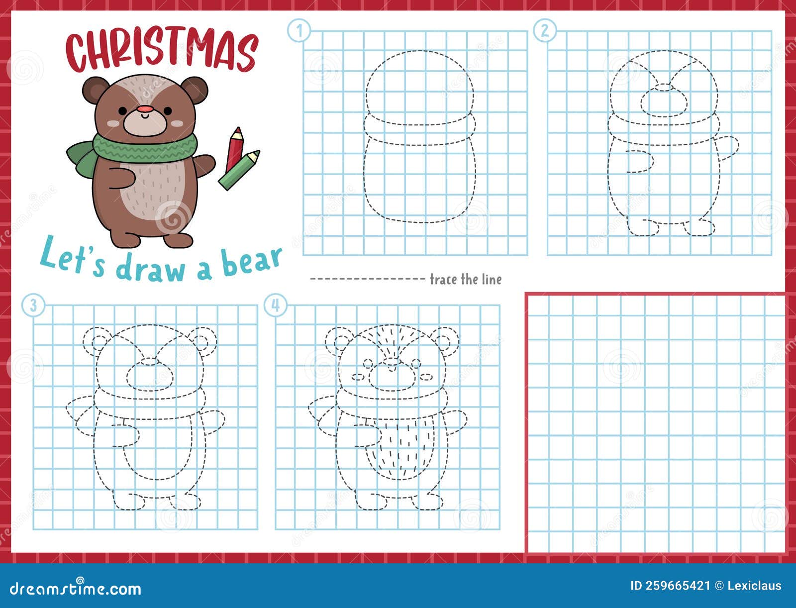 Christmas Step By Step Drawing Worksheet. How To Draw A Bear. Complete The Picture By Example 