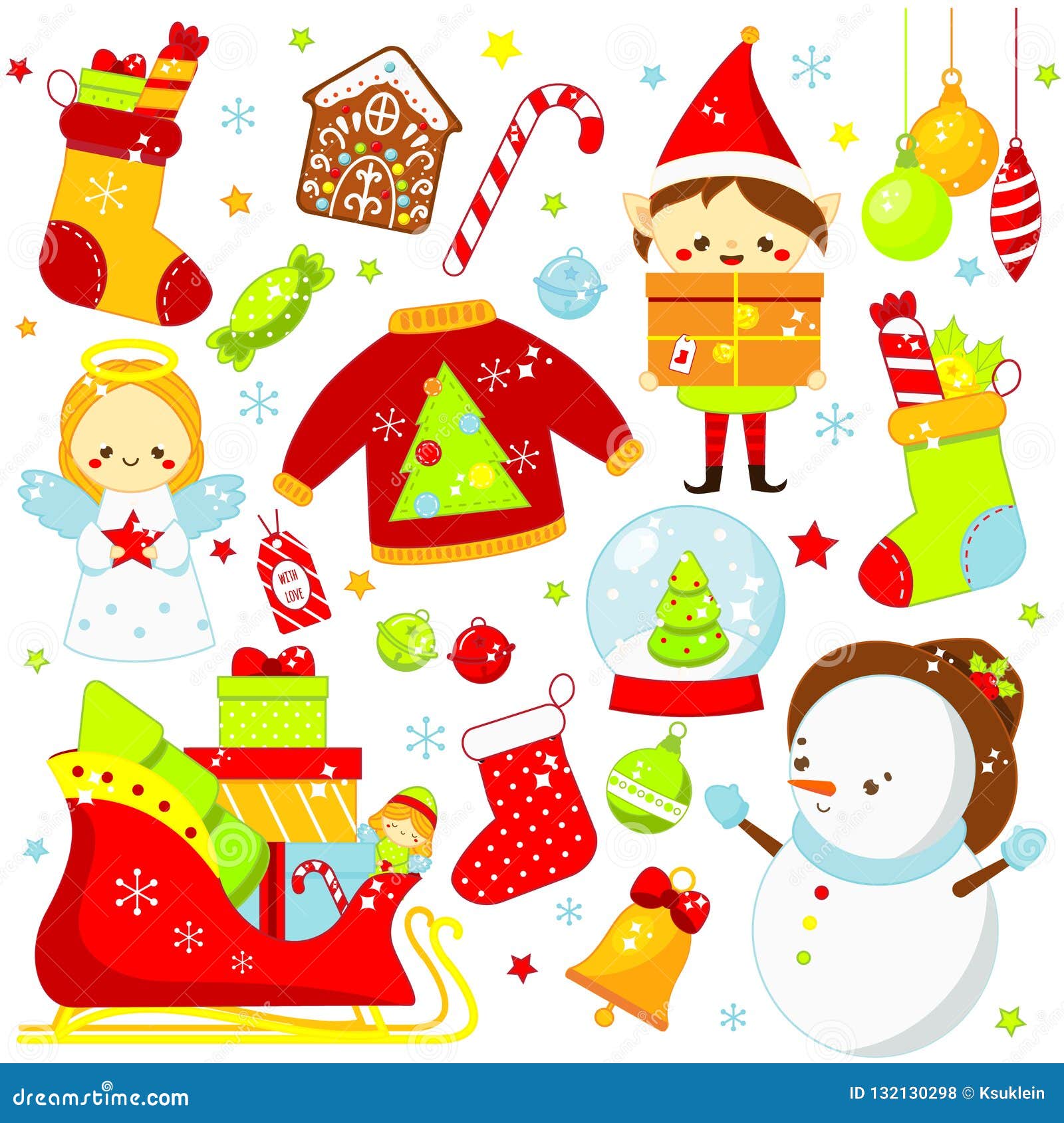 christmas stickers, icons. cute santa elf, sleigh, snowman and other new year holiday s in kawaii style. big collection of