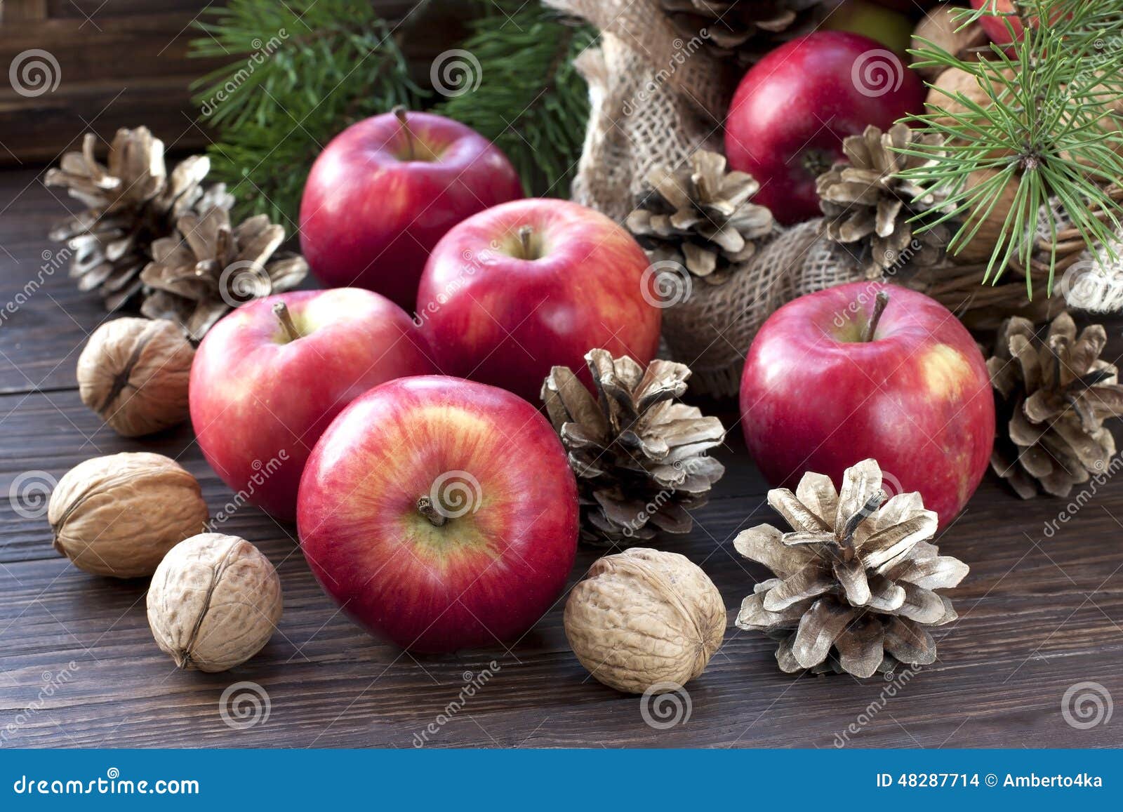 Christmas Still Life with Apples and Pine Cones Stock Photo - Image of ...