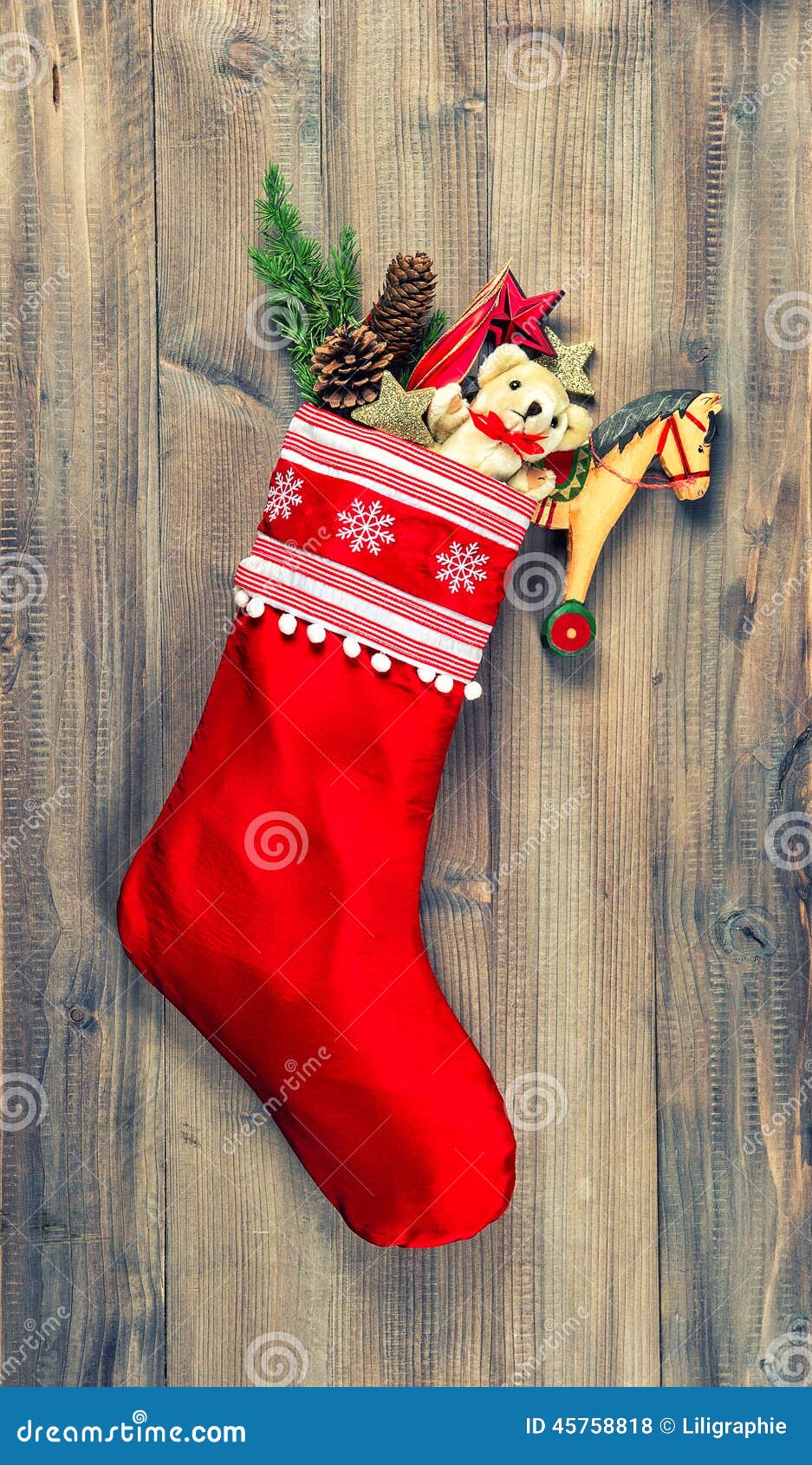 christmas stocking with nostalgic vintage toys decoration