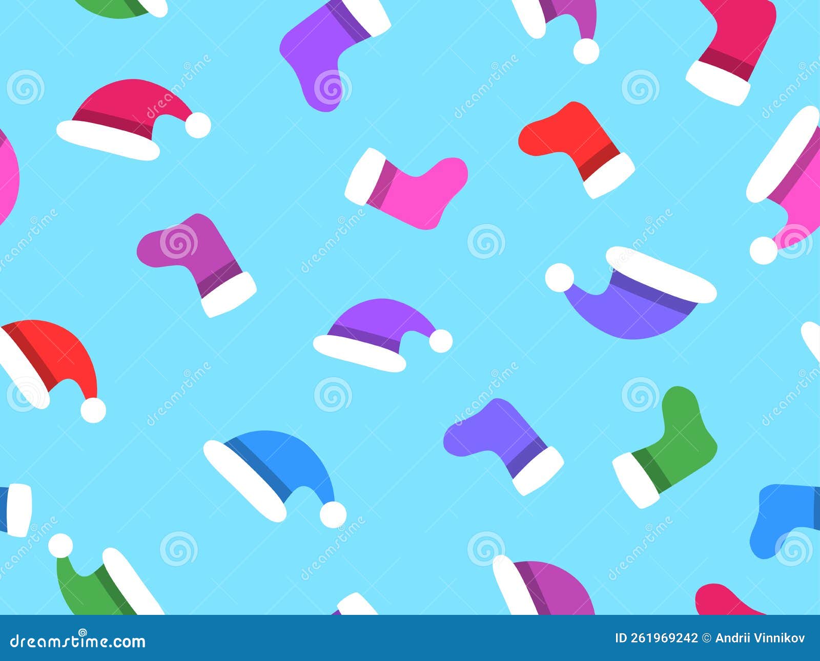christmas stocking and santa hat seamless pattern. multicolored christmas socks and hats on a blue background. festive 
