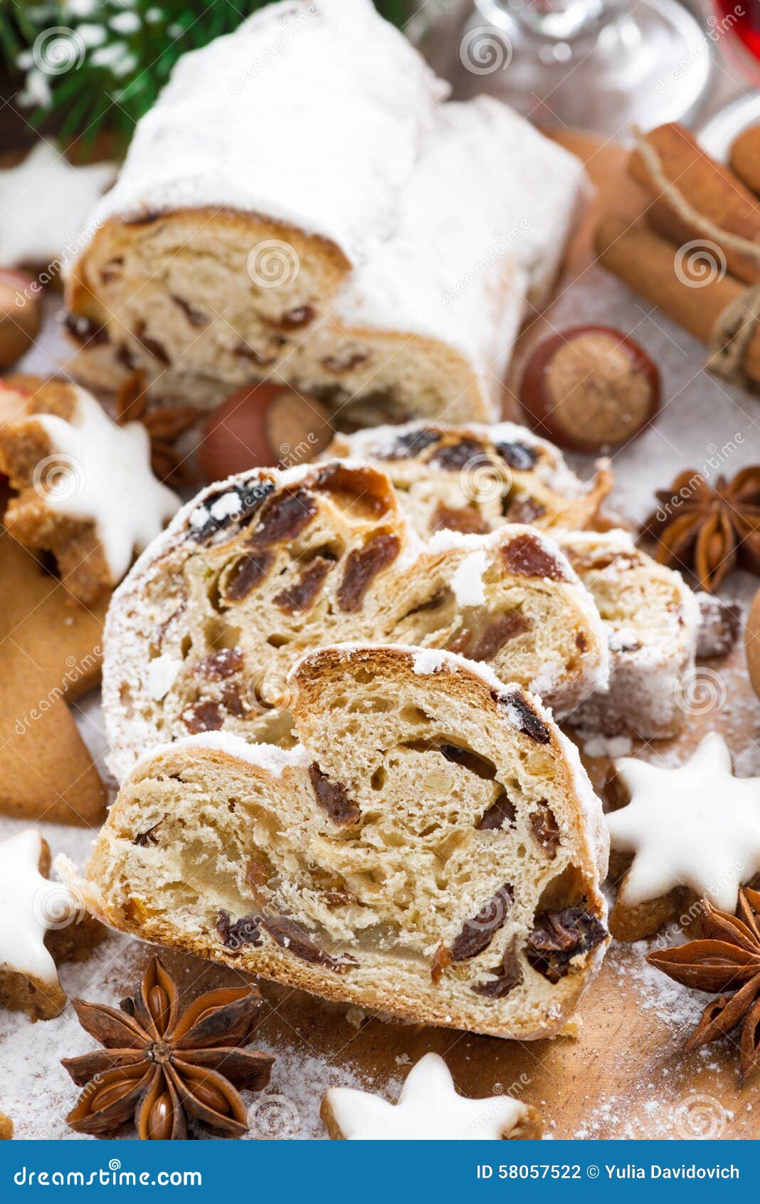 Christmas Stollen with Dried Fruit, Assorted Cookies and Spices Stock Photo Image of greeting