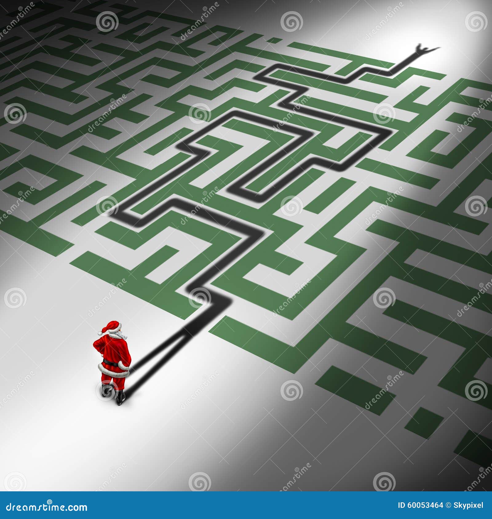 Christmas success as a Santa Claus symbol for guidance and advice for holiday challenges as a seasonal concept with santaclause in front of a maze or labyrinth with his shadow finding a way through the winter gift giving season confusion.