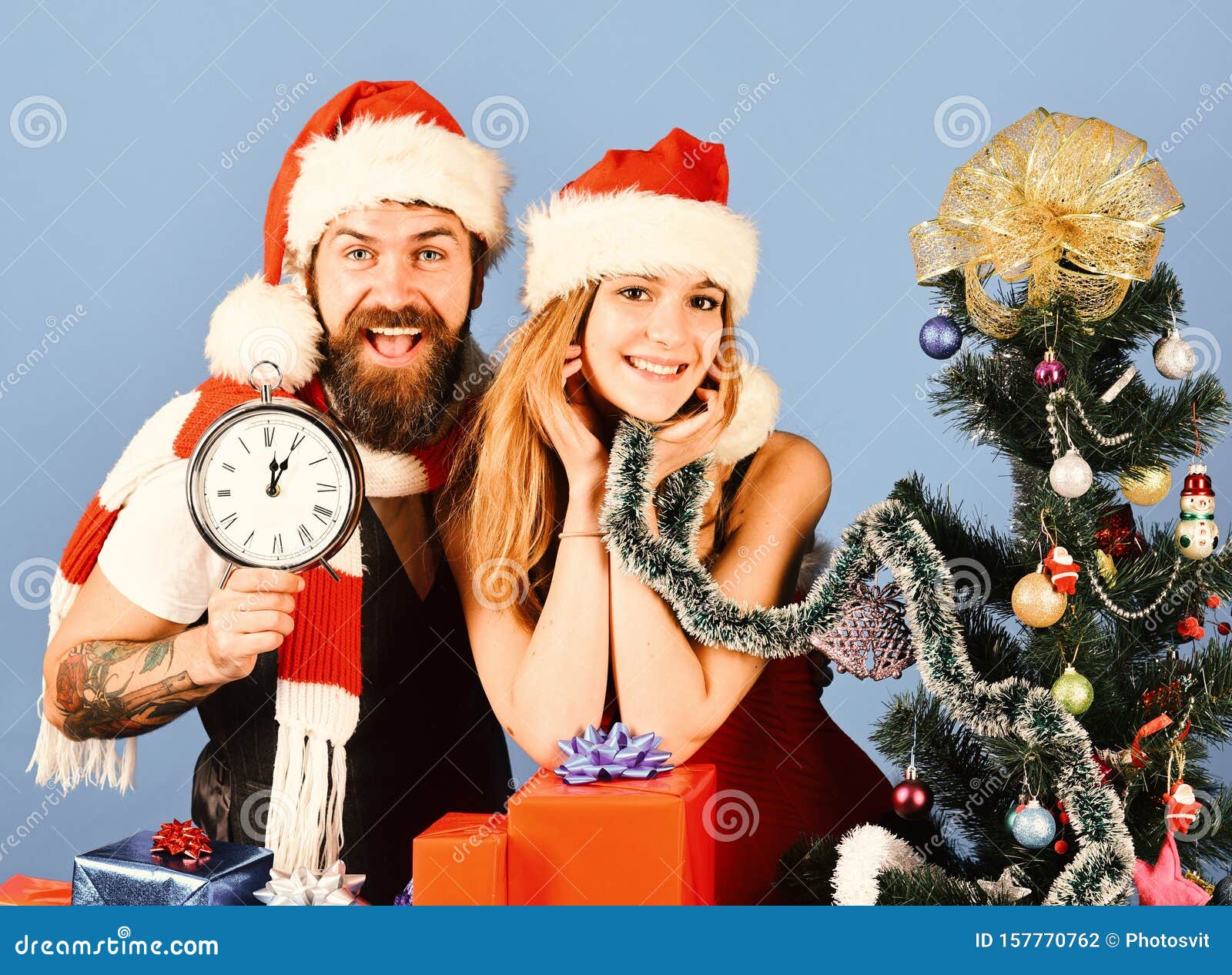 Christmas Surprise And Love Concept Man With Beard And Woman Stock