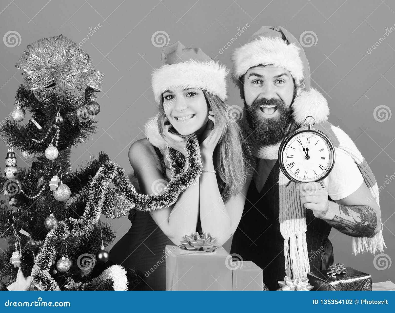 Christmas Surprise And Love Concept Man With Beard And Woman Stock