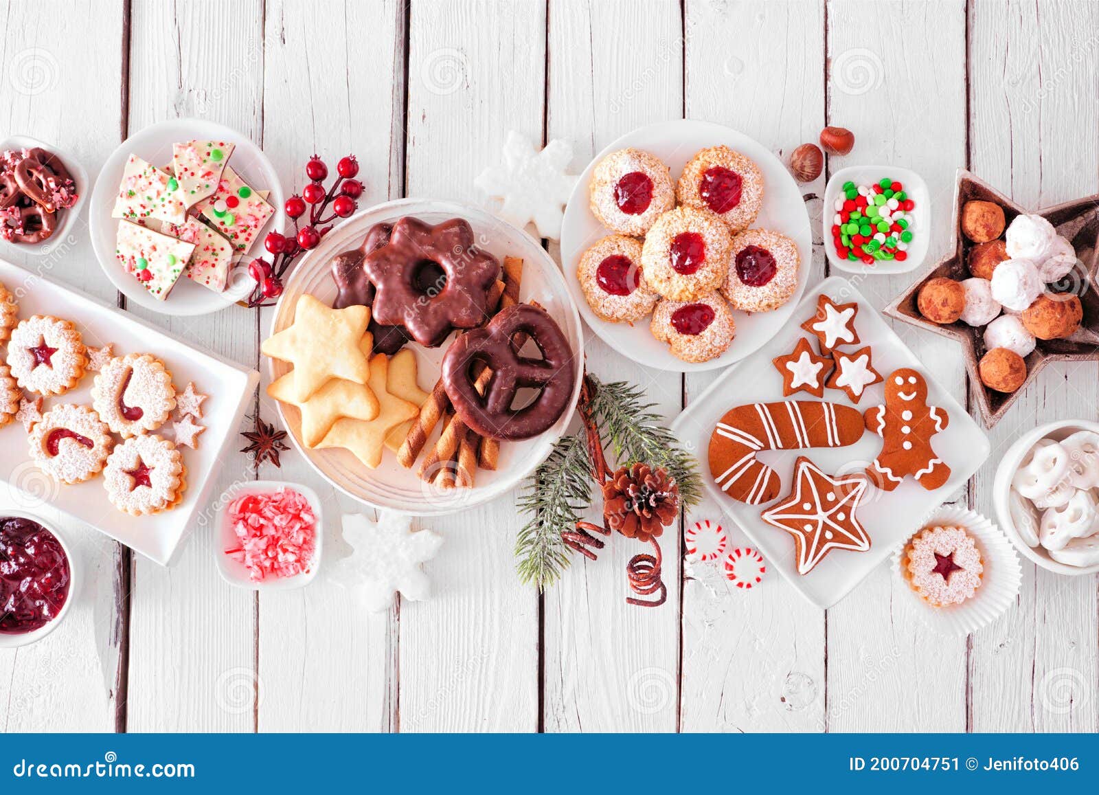 Christmas Sweets and Cookies. Overhead View Table Scene on a White Wood ...