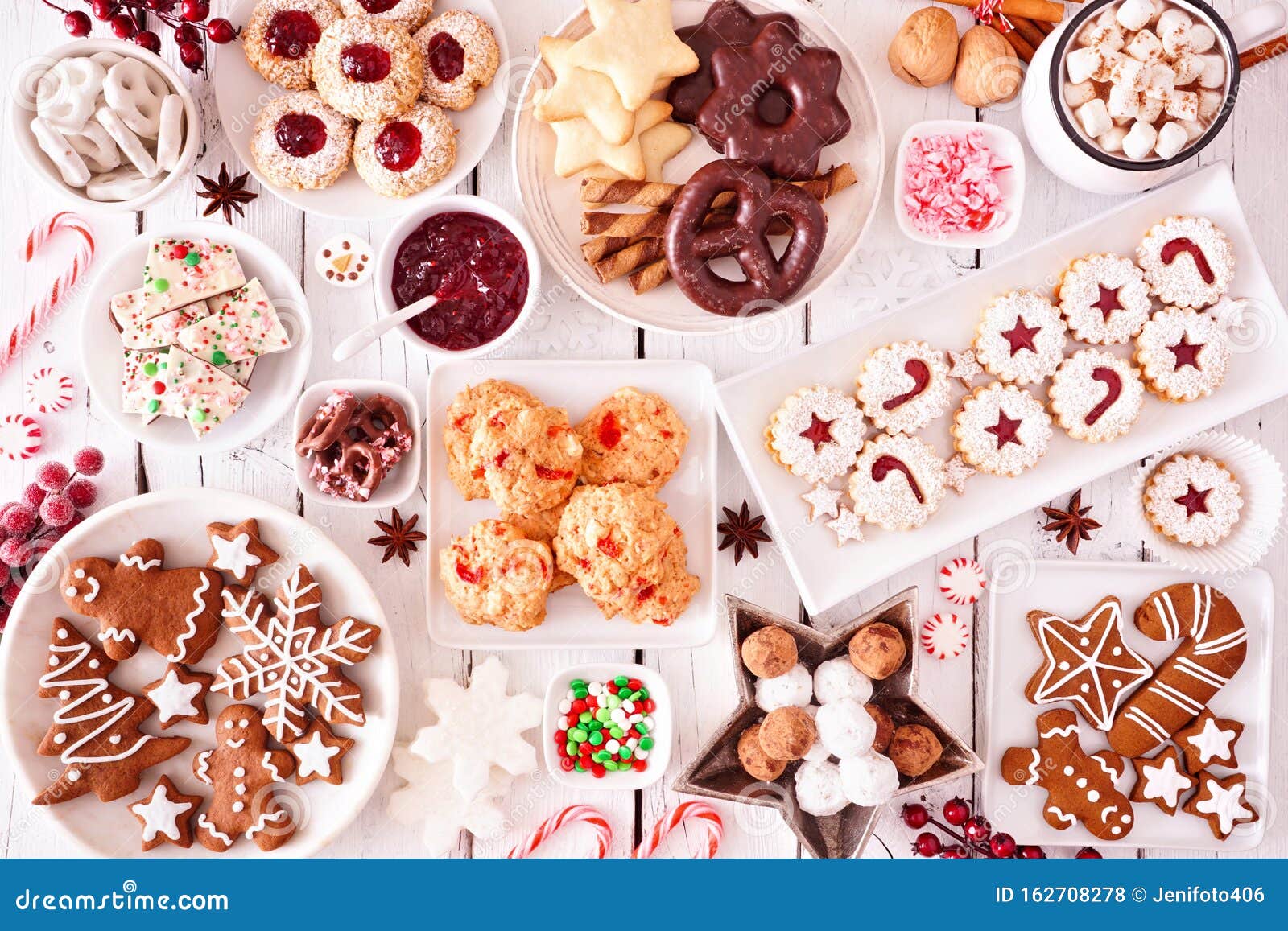 Christmas Cookies and Baking, Top View Table Scene Over a White Wood ...