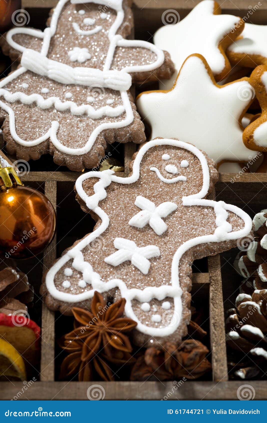 Christmas Symbols and Cookies in a Wooden Box, Vertical, Closeup Stock ...
