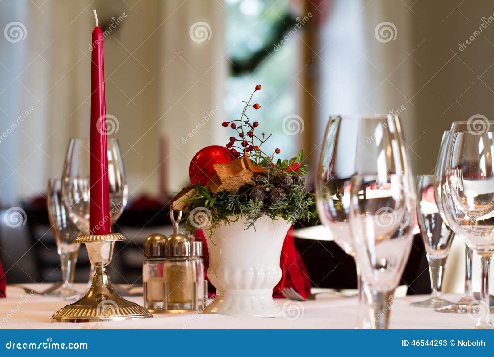 A Christmas Table Arrangement with Candle Stock Image Image of