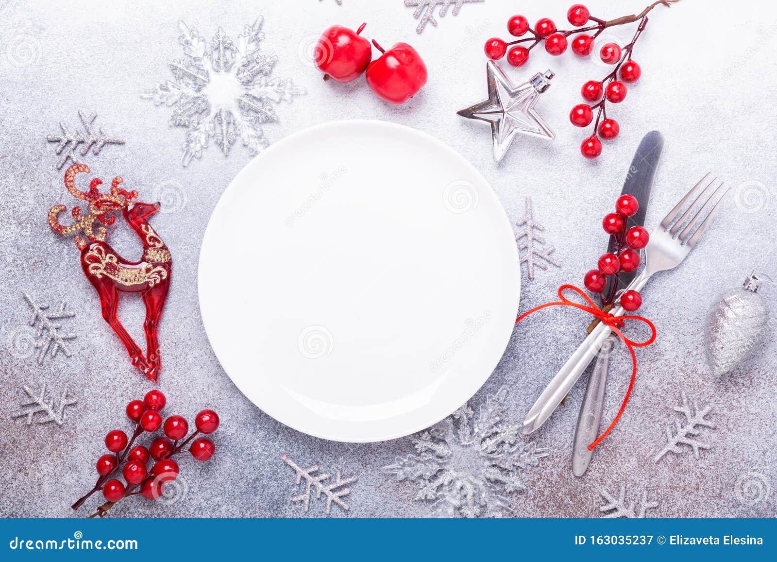 Christmas Table Place Setting with Empty White Plate, Cutlery with ...