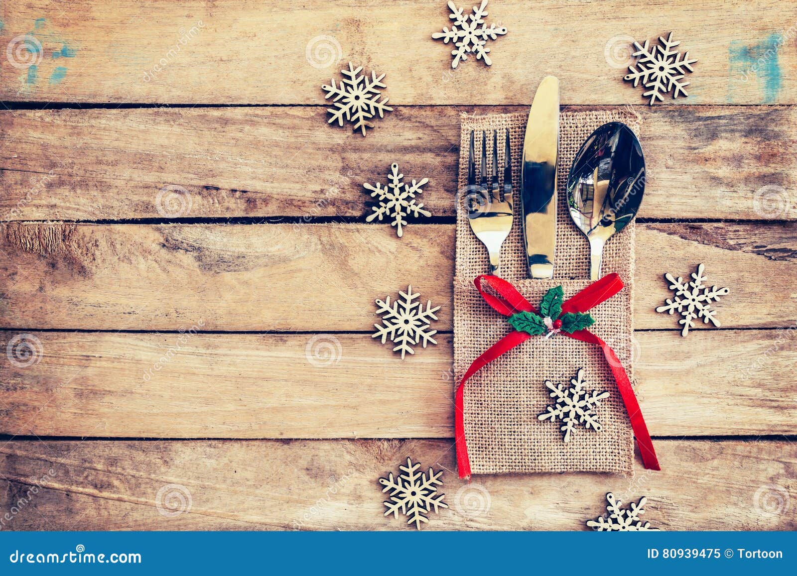 Christmas Table Place Setting and Silverware, Snowflakes on Table ...