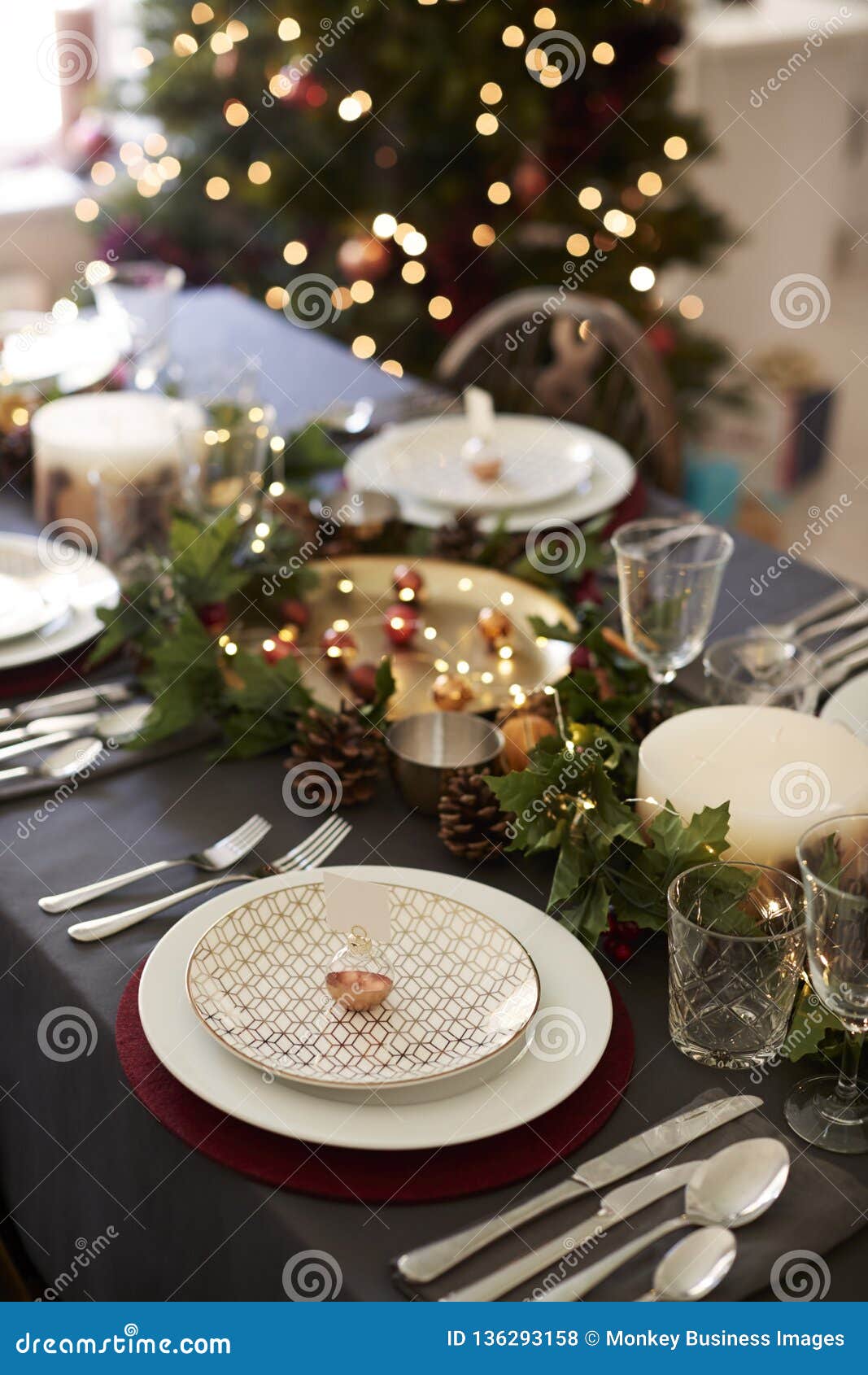 Christmas Table Setting with Bauble Name Card Holder Arranged on a ...