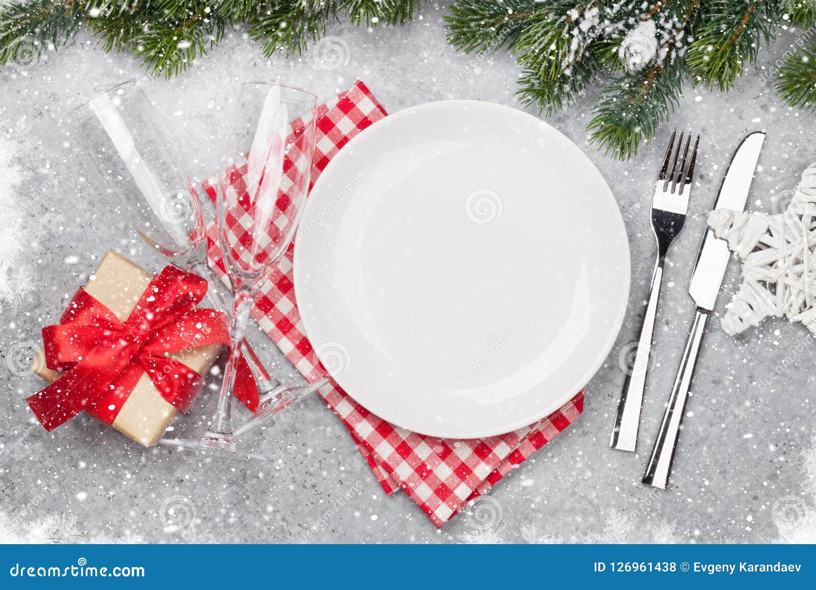 Christmas Table Setting with Champagne and Xmas Gift Stock Photo ...