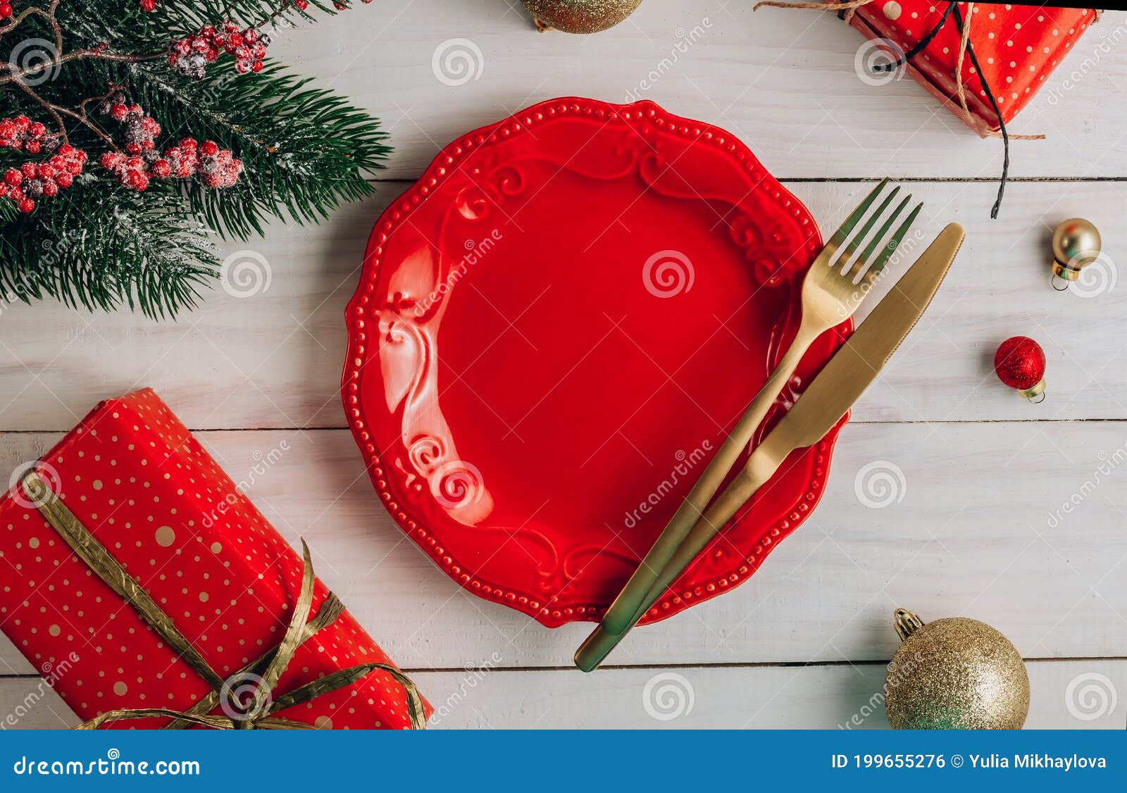 Christmas Table Place Setting with Empty Plate and Cutlery on White ...
